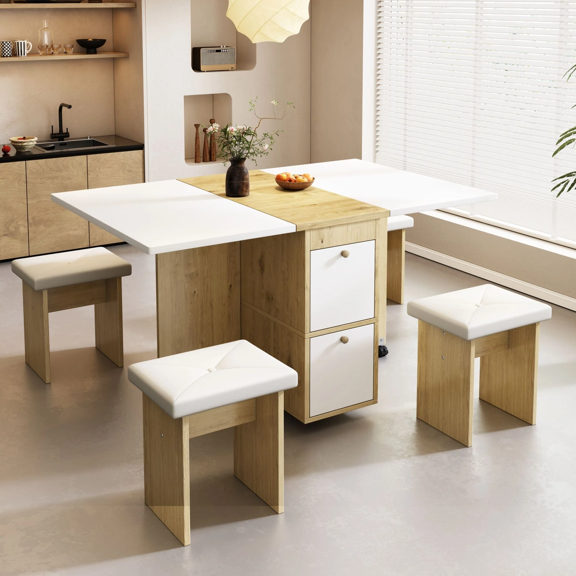 Dining Table Set Extendable Folding Multifunctional 4 Chairs White + Oak - Image 2