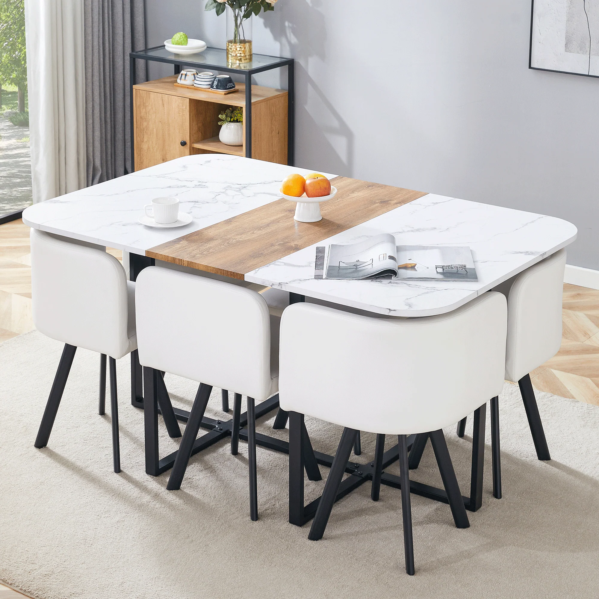 Dining Table Set Extendable Folding Table Chairs 4-6 Person White and Black - Image 2