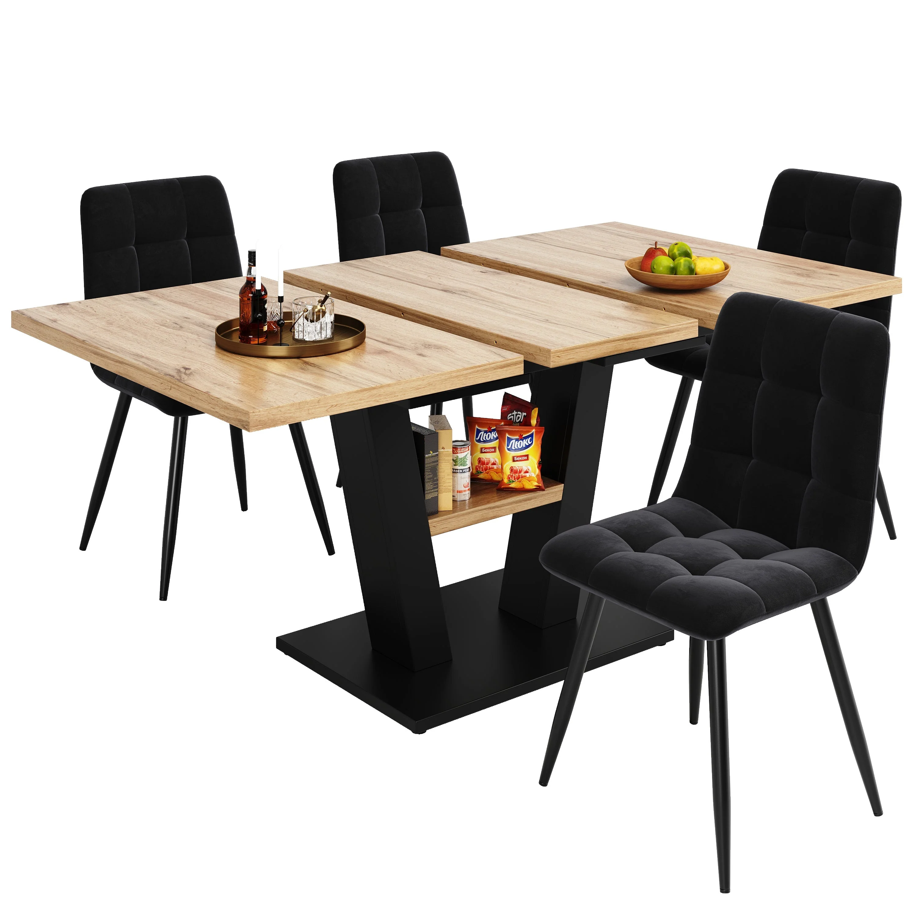 Dining Table Set Extendable V-Legs 5-Piece - Velvet - Image 4