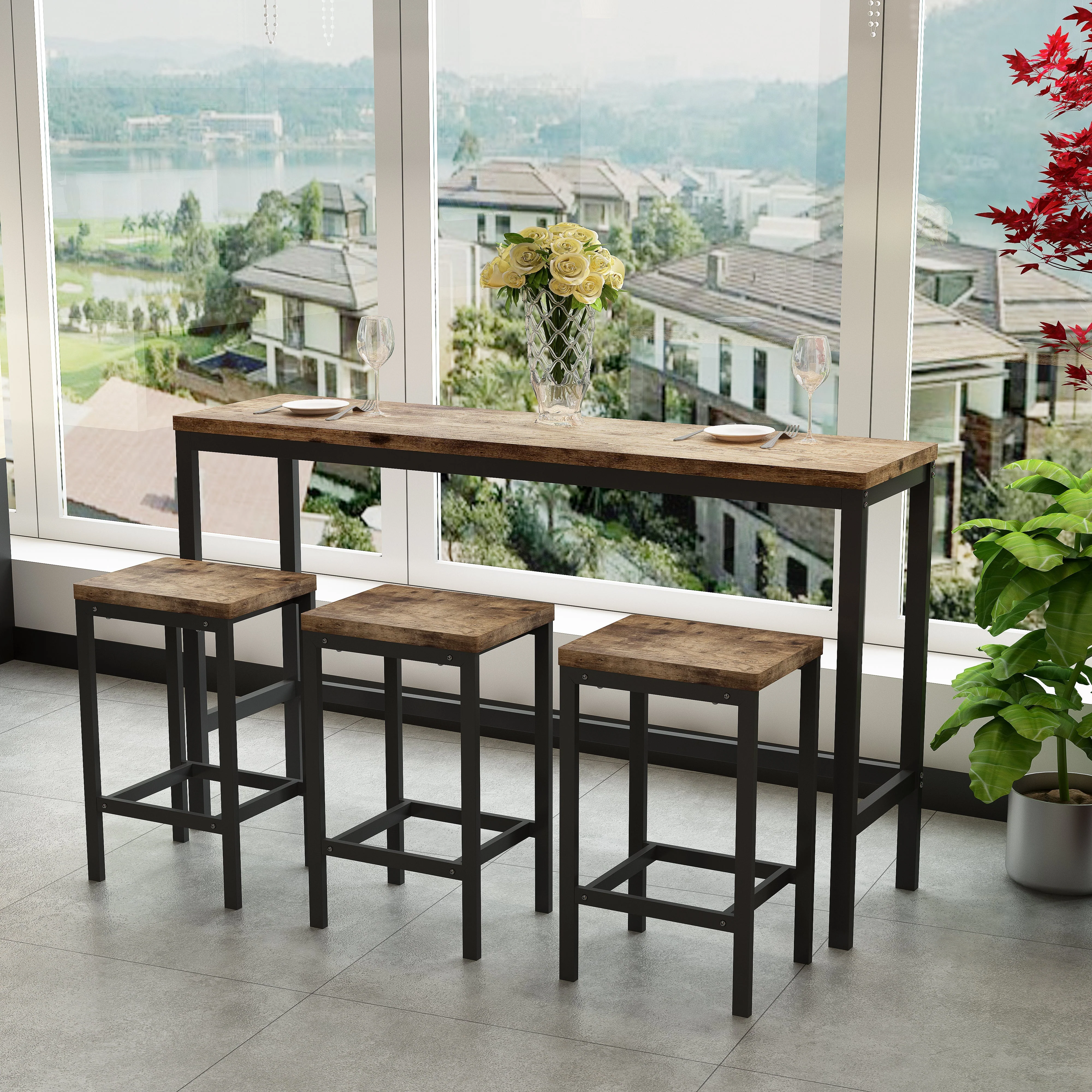 Dining Table Set, Modern Design with 3 Stools, Natural - Image 3