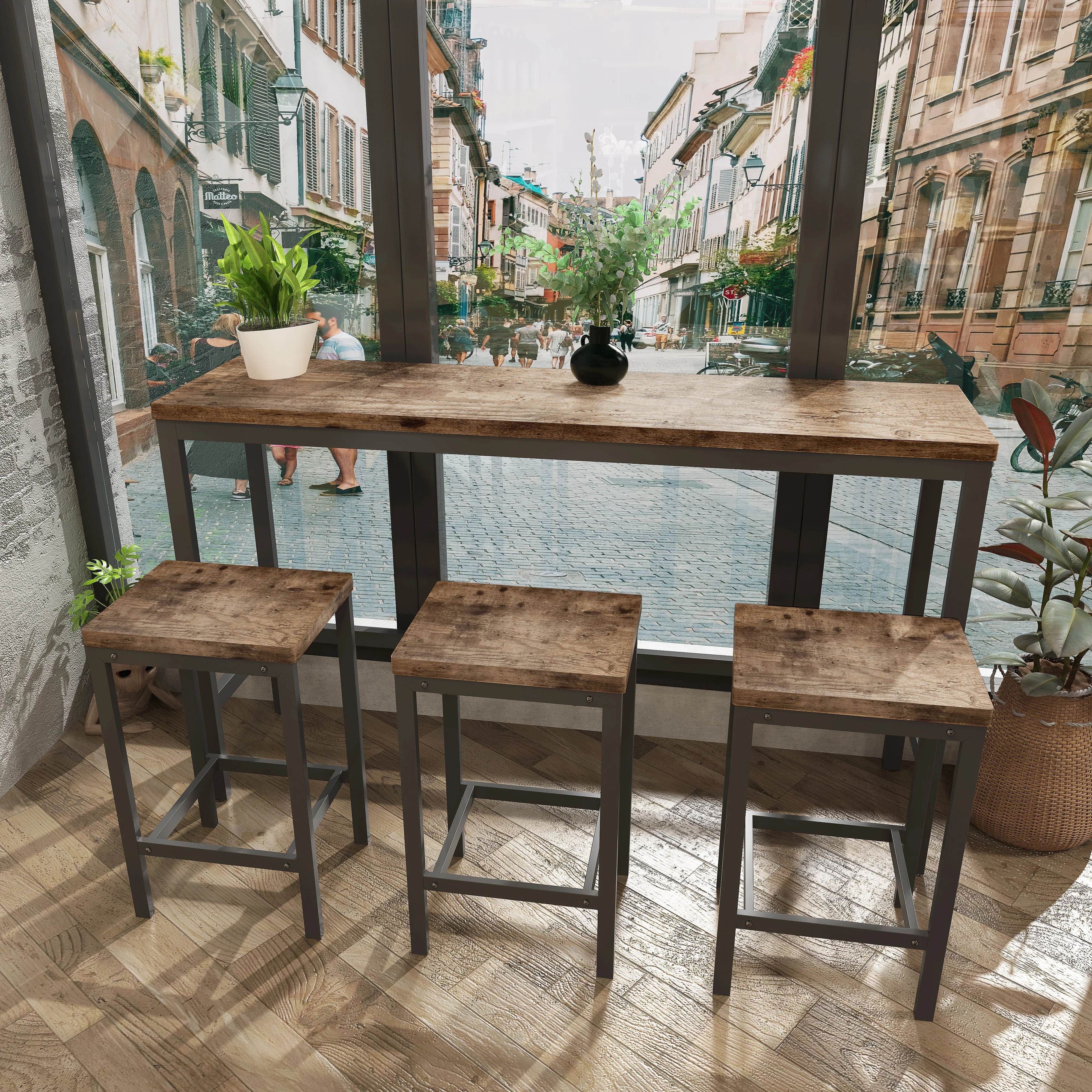 Dining Table Set, Modern Design with 3 Stools, Natural - Image 4