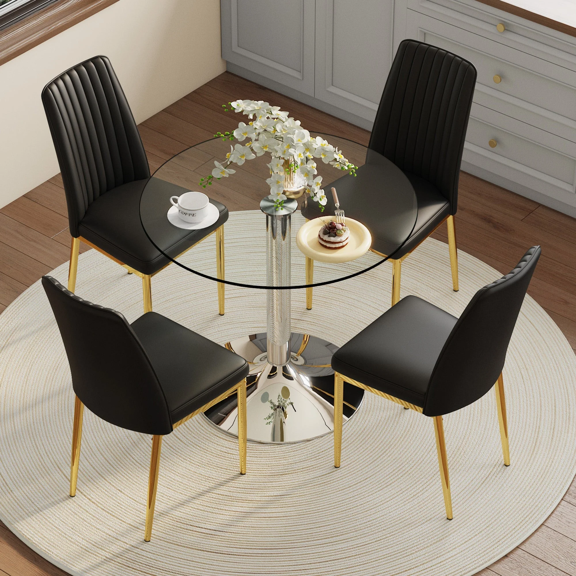 Dining Table Set Modern Minimalist Glass Table Ø85cm with 4 Chairs - Faux Leather Black - Image 3