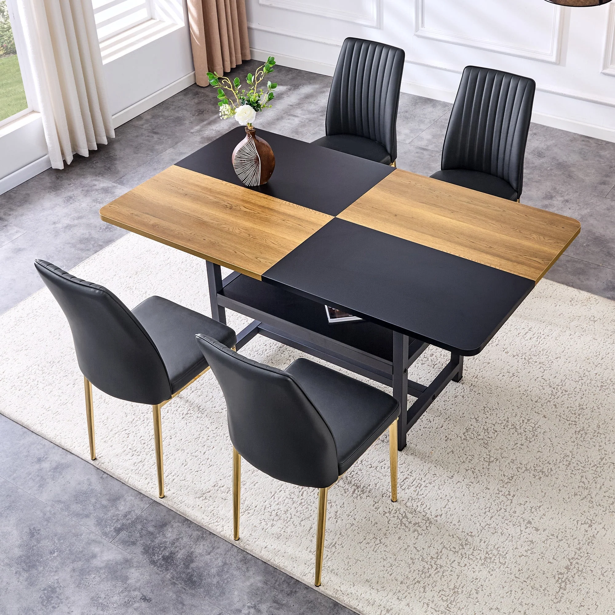 Dining Table Set Modern Minimalist Round Glass Table 4 Chairs - Faux Leather Black - Image 3