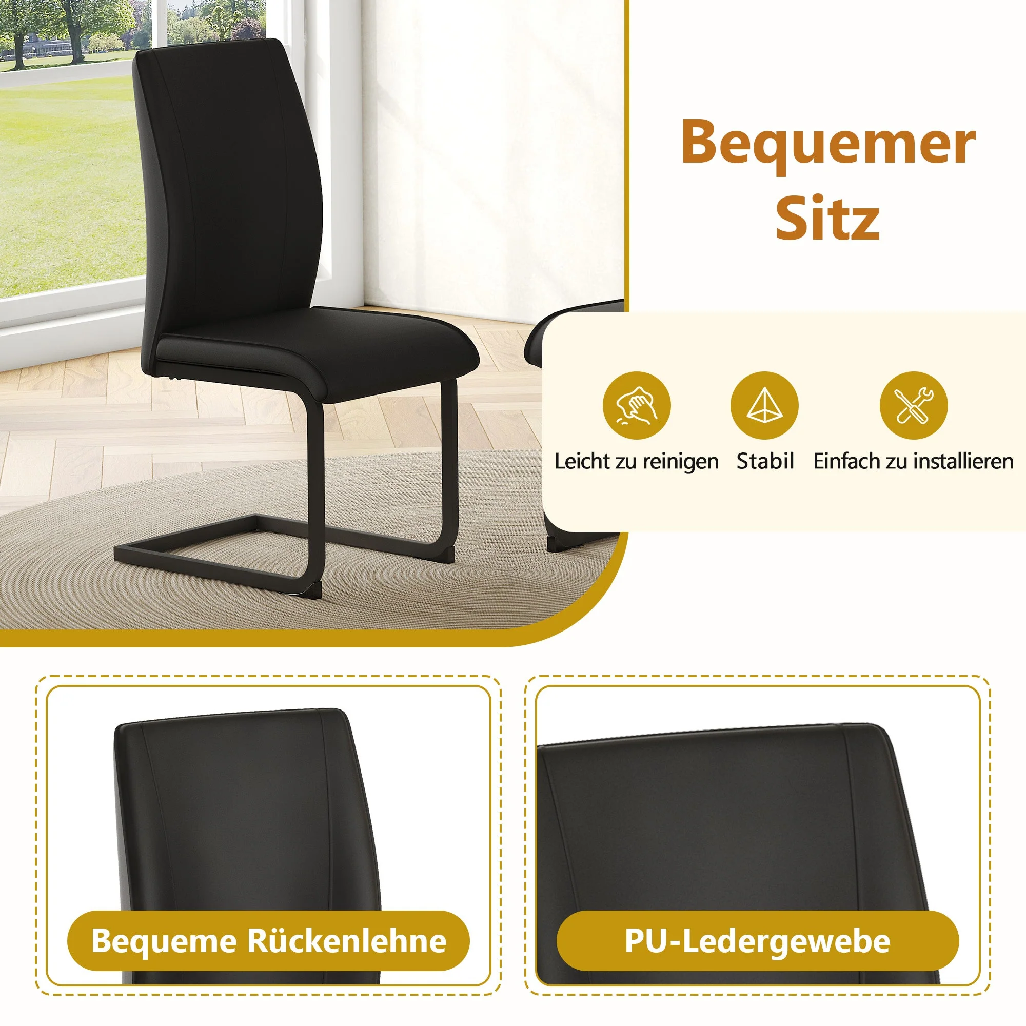 Dining Table Set Rectangular Storage Shelf 6 Armchairs - Faux Leather Black - Image 10