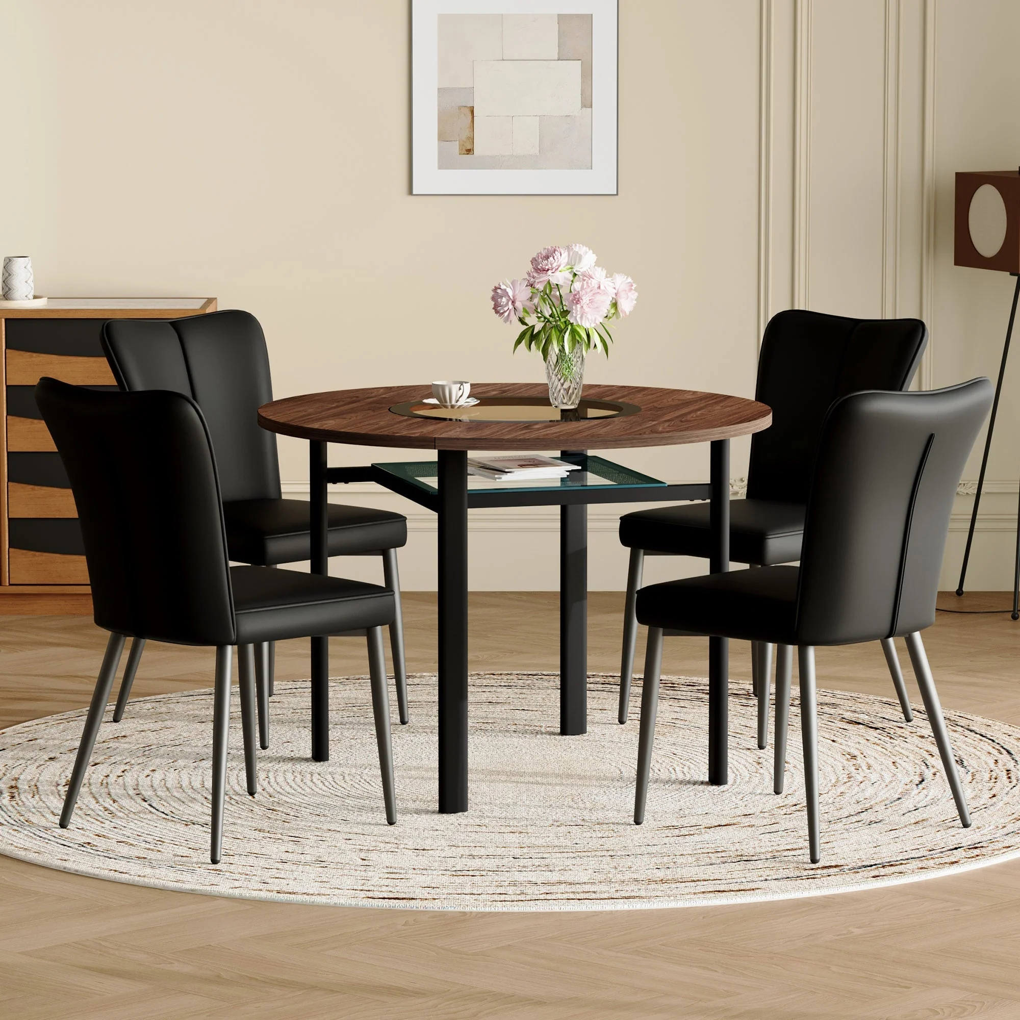 Dining Table Set Round 100cm 4 Chairs - Wood Look/Black PU - Image 2