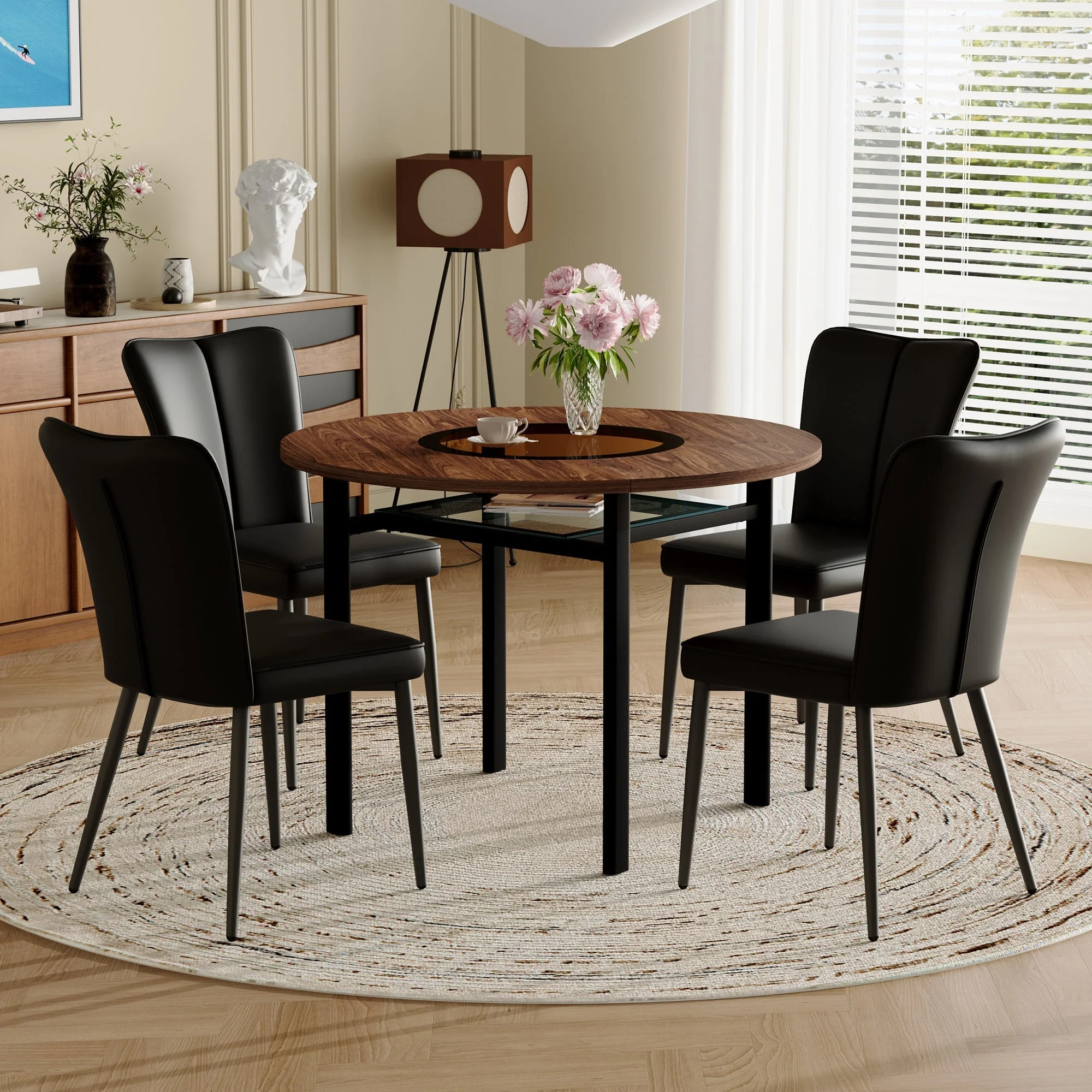Dining Table Set Round 100cm 4 Chairs - Wood Look/Black PU - Image 3