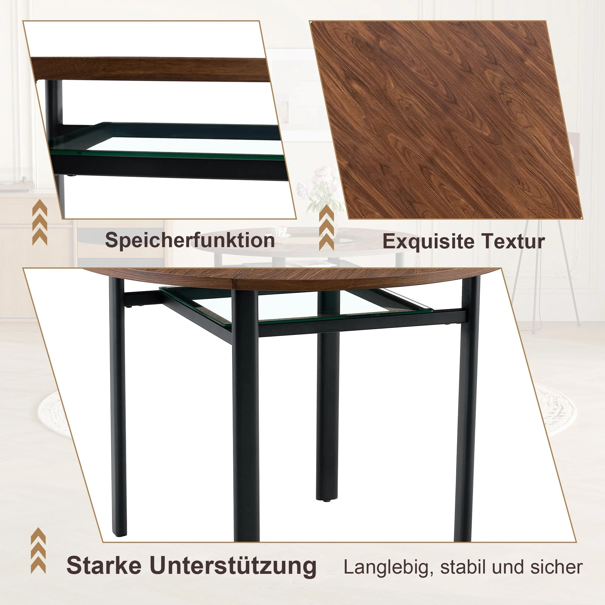 Dining Table Set Round 100cm 4 Chairs - Wood Look/Black PU - Image 9