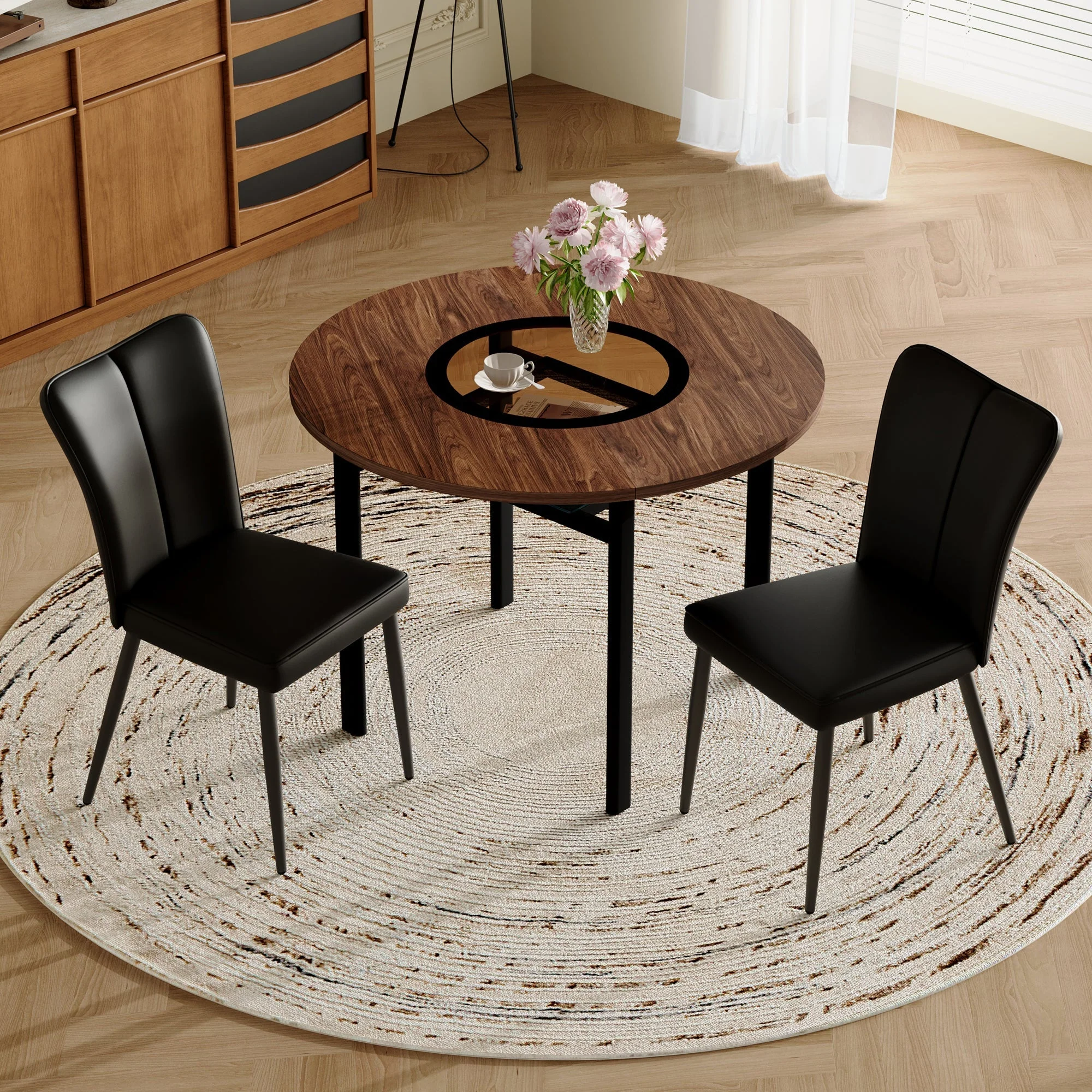 Dining Table Set Round 100cm Wood Look 2 Chairs - Black PU