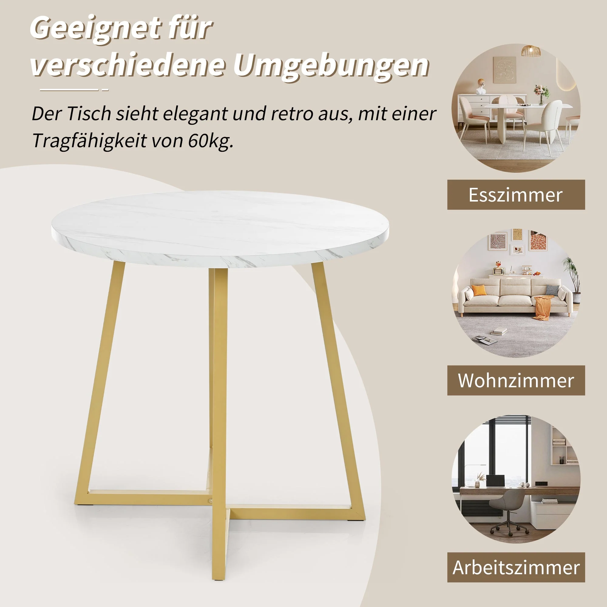 Dining Table Set Round 80cm Gold Metal Legs White MDF/Dark Grey Velvet - Image 6