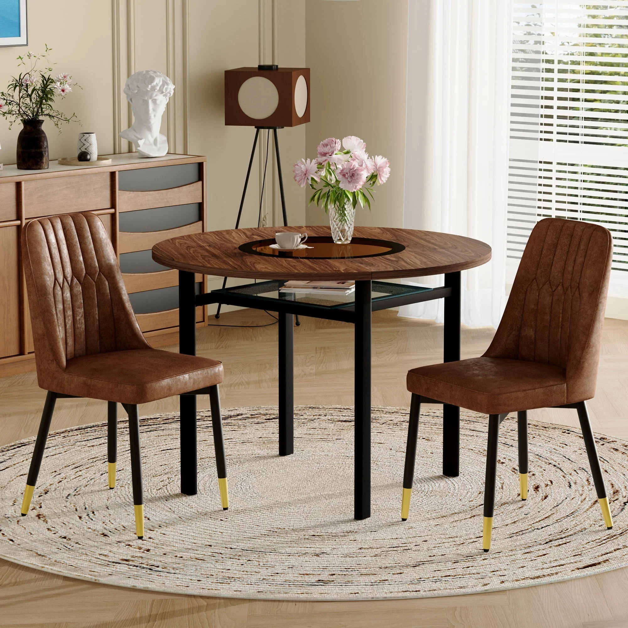 Dining Table Set Round Minimalist 100cm with 2 Chairs Wood Look Brown Tech Fabric - Image 2