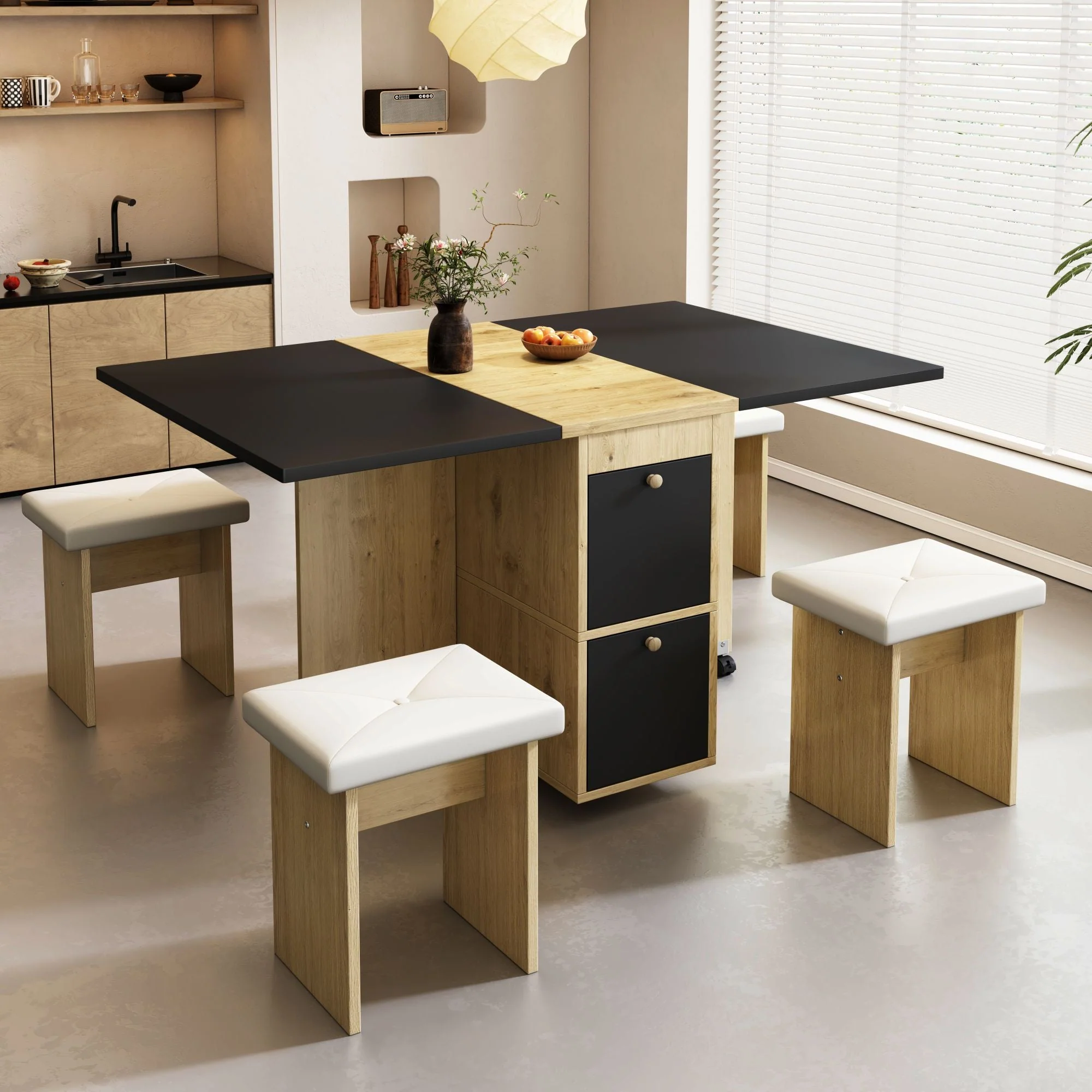 Dining Table Set with 4 Chairs, Folding and Extendable Table, 120x80x75cm, White, Oak and Black - Image 2
