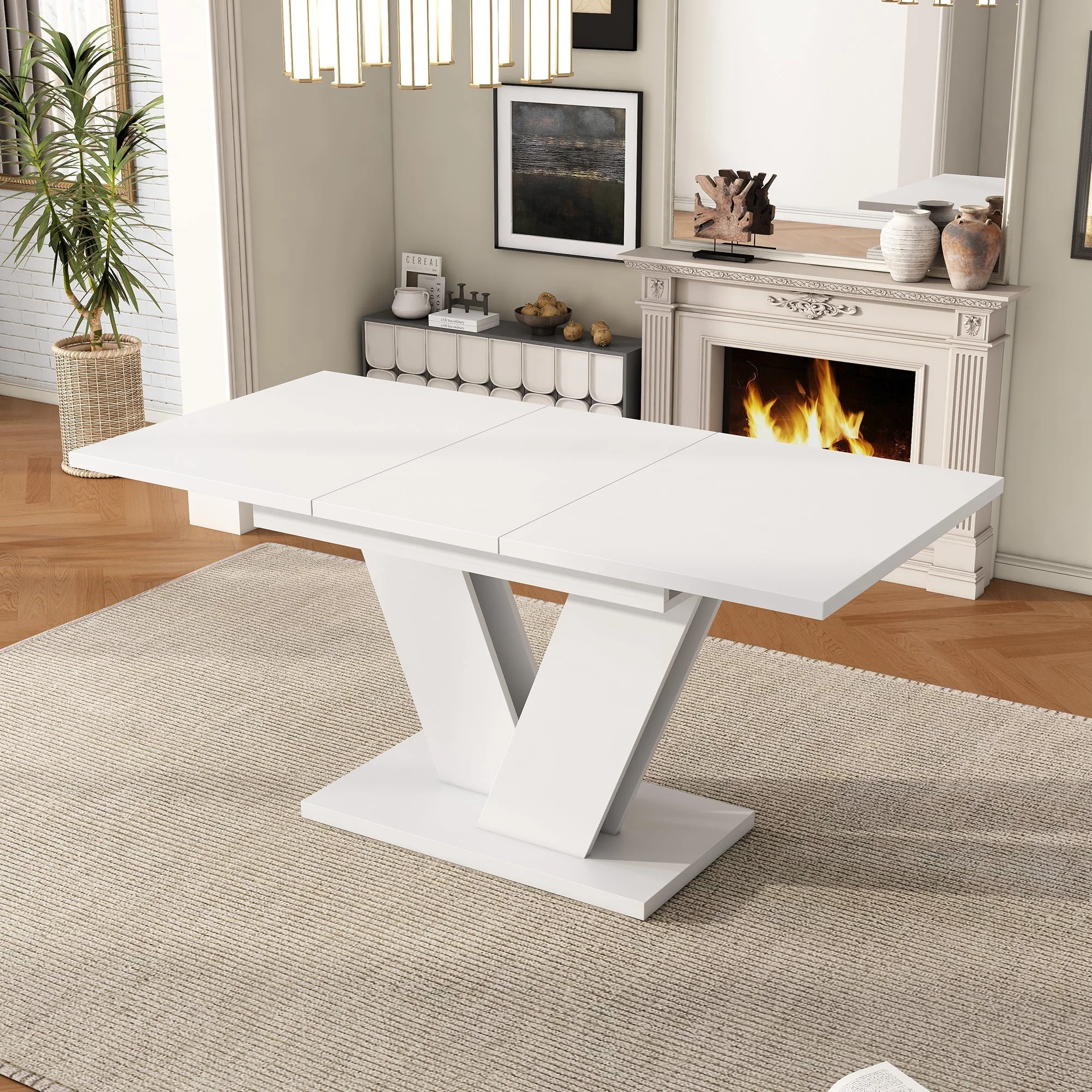 Dining Table Set with 6 Chairs, Extendable 120-160cm Table and Linen Fabric, White and Beige - Image 3