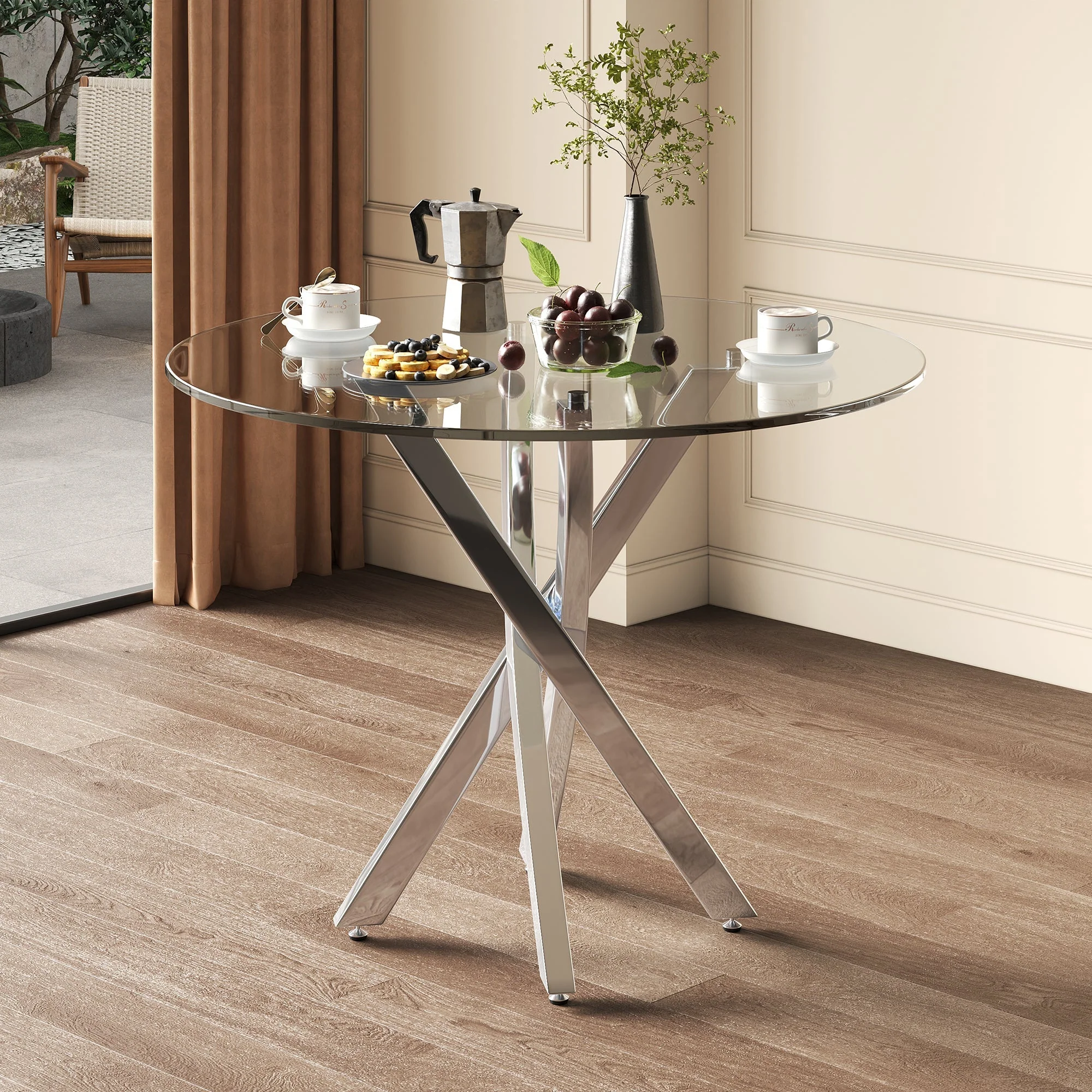 Dining Table Set with Tempered Glass Tabletop and 2 Chairs, Green and Silver - Image 10
