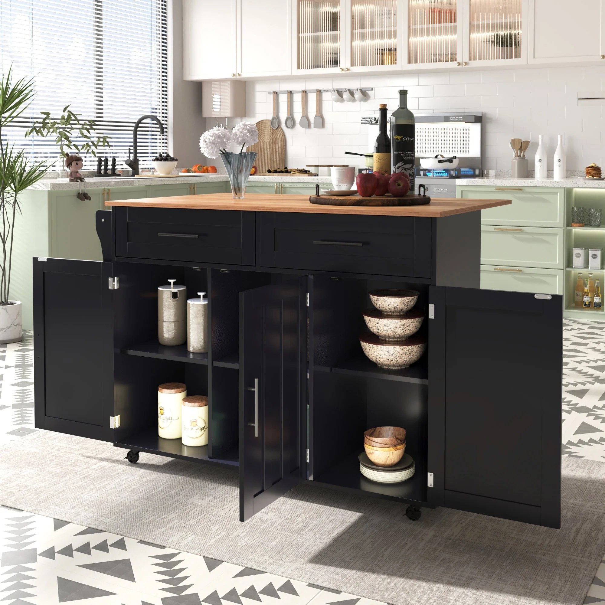 Dining Table Trolley with Folding Tabletop and Storage Cabinets, Black - Image 2