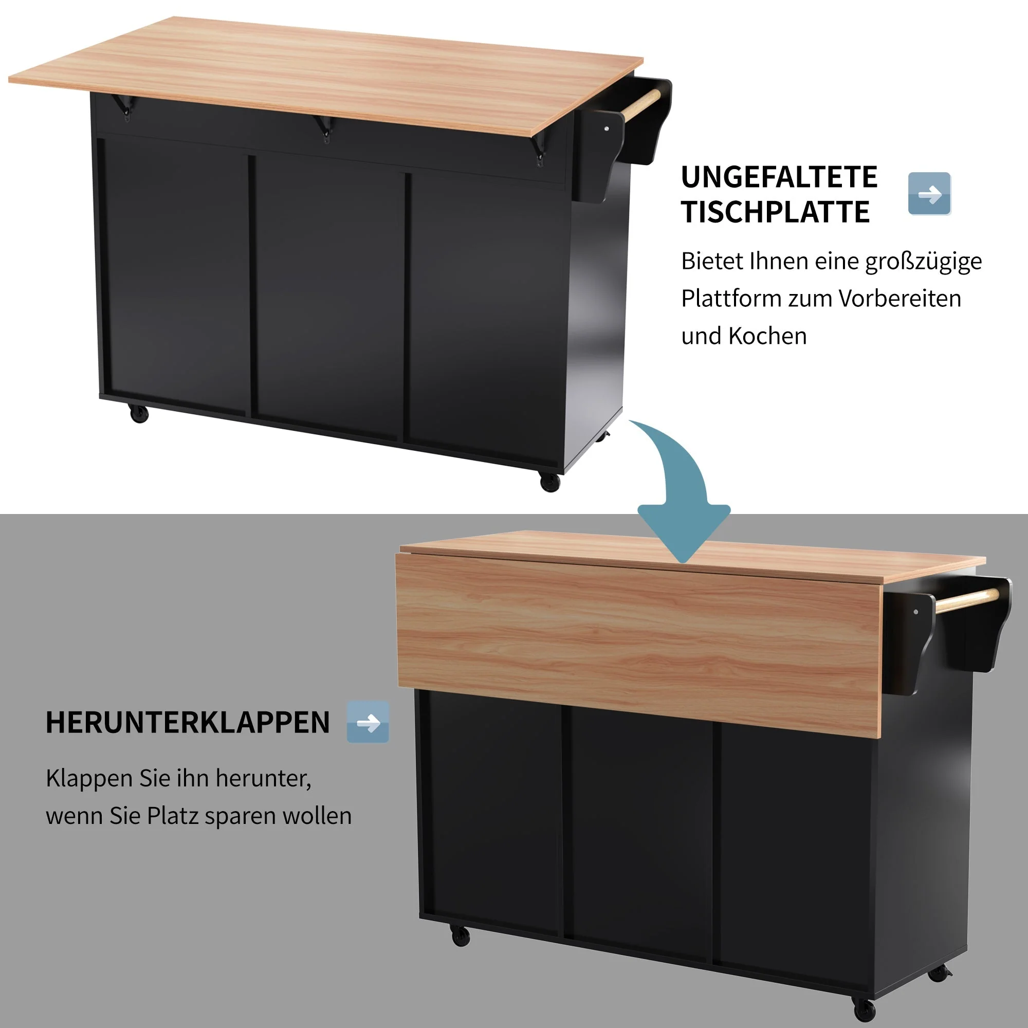 Dining Table Trolley with Folding Tabletop and Storage Cabinets, Black - Image 3