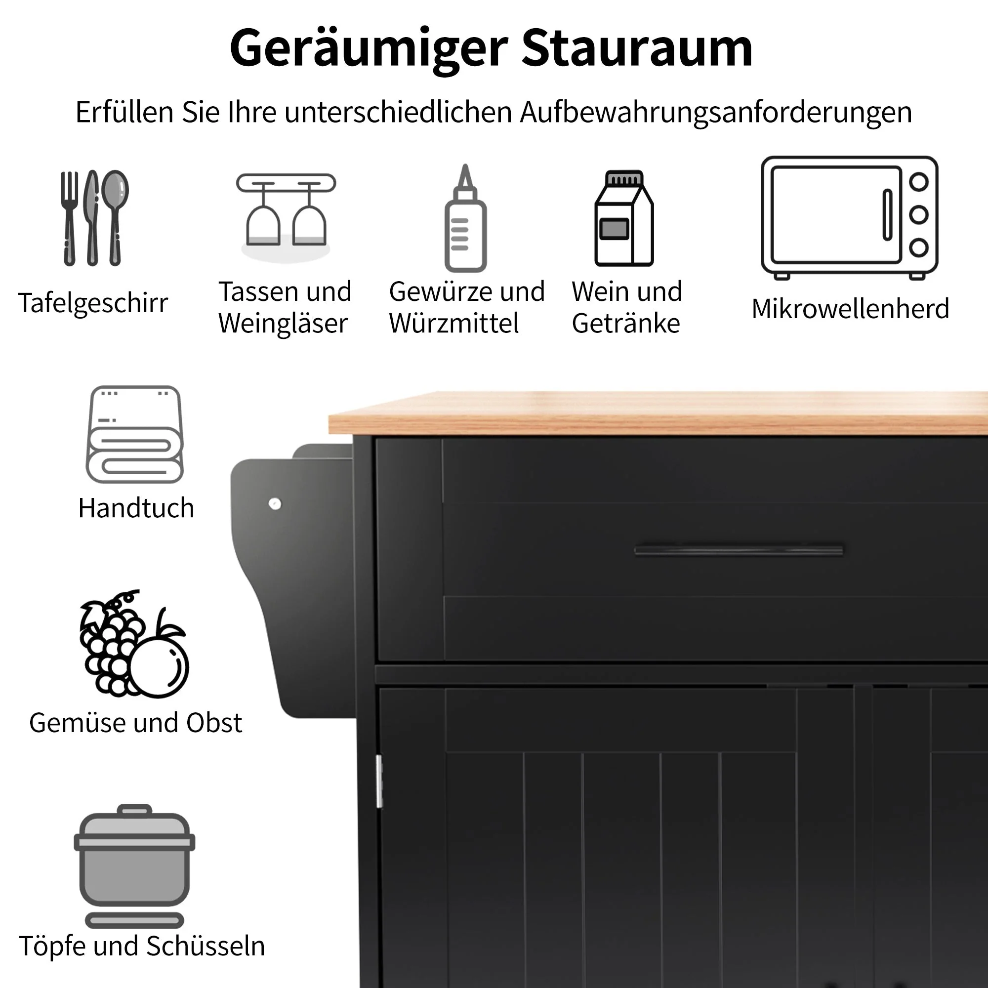 Dining Table Trolley with Folding Tabletop and Storage Cabinets, Black - Image 7