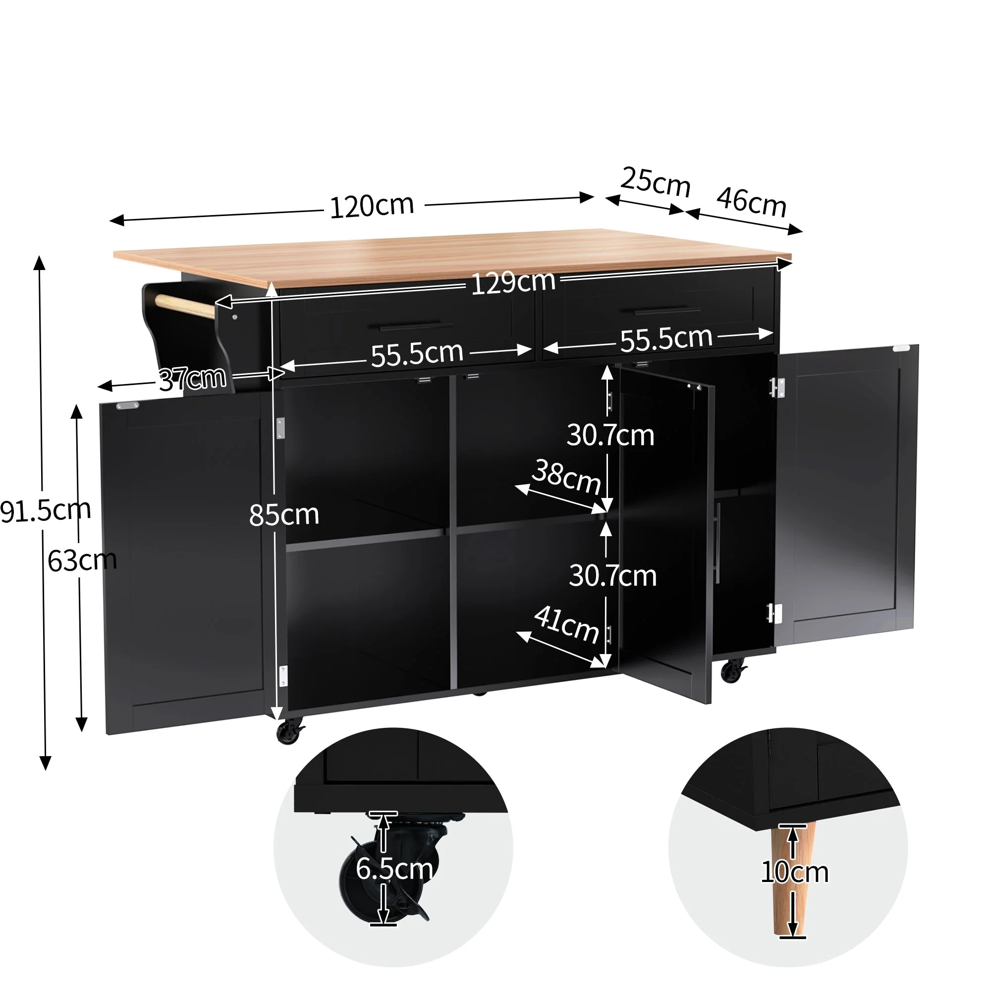 Dining Table Trolley with Folding Tabletop and Storage Cabinets, Black - Image 8