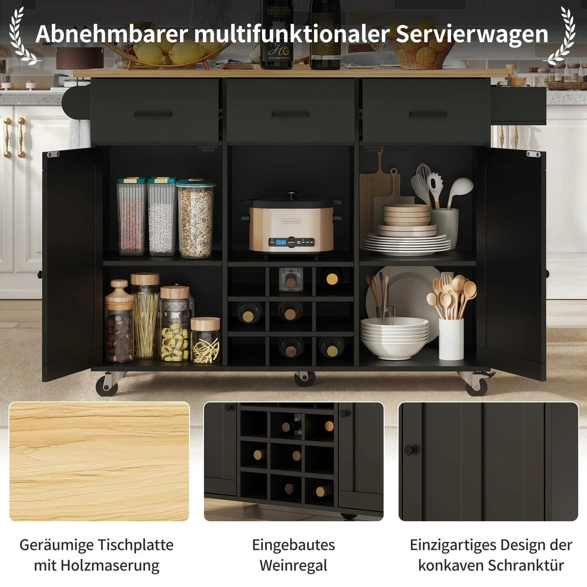 Dining Trolley Mobile Removable Worktop Spice Rack Adjustable Storage - Wood Grain Black - Image 7