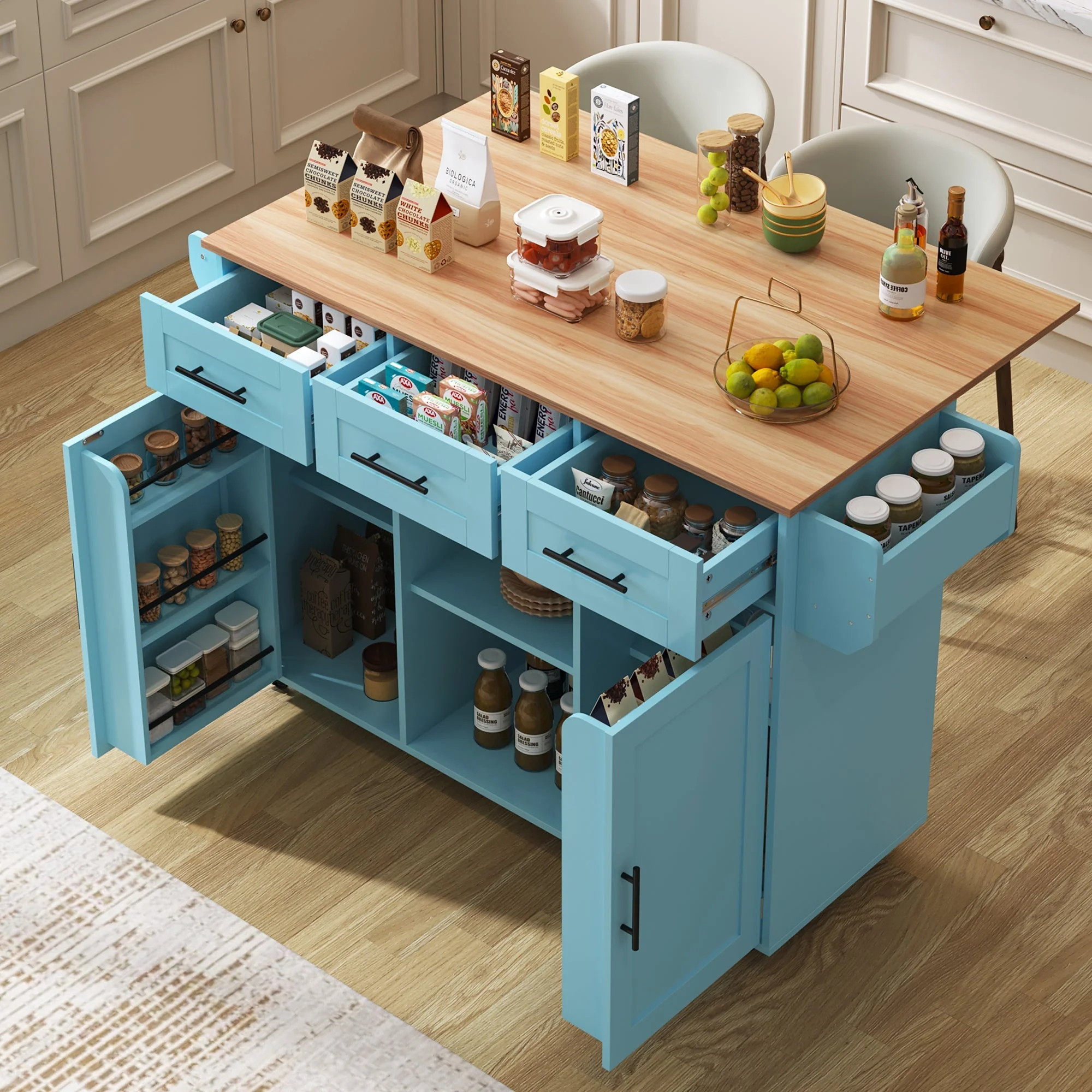 Dining Trolley Sideboard Extendable Fold-Down Worktop Storage Casters Blue/Solid Wood Grain - Image 11