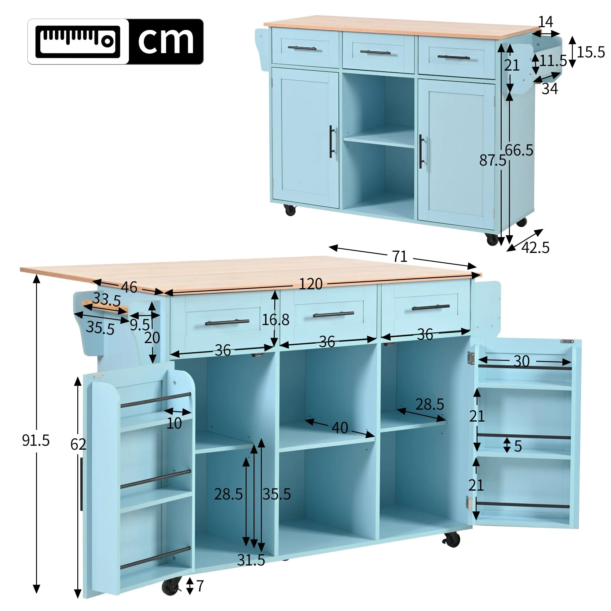 Dining Trolley Sideboard Extendable Fold-Down Worktop Storage Casters Blue/Solid Wood Grain - Image 16