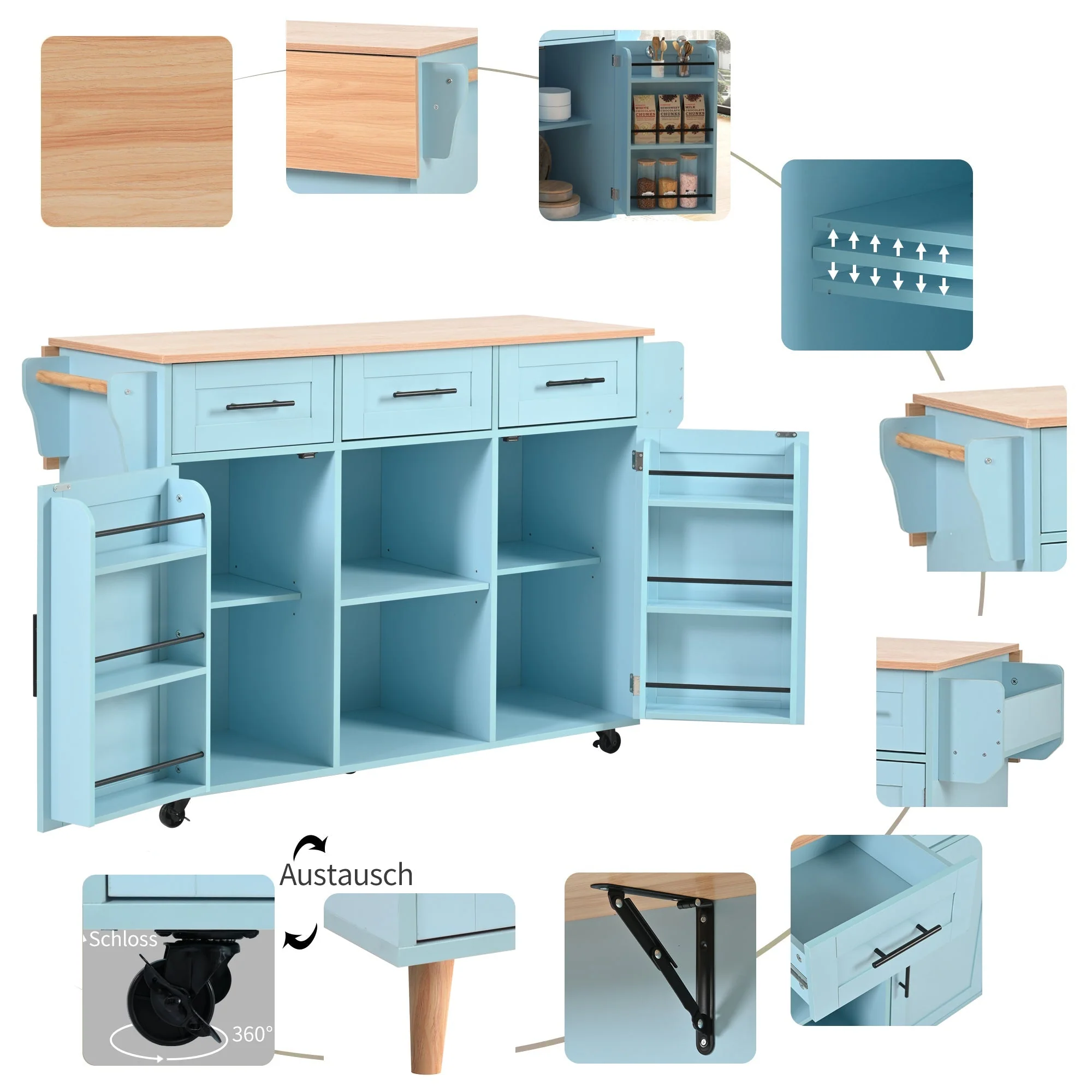 Dining Trolley Sideboard with Fold-Down Worktop and Casters, Blue and Solid Wood Grain - Image 10