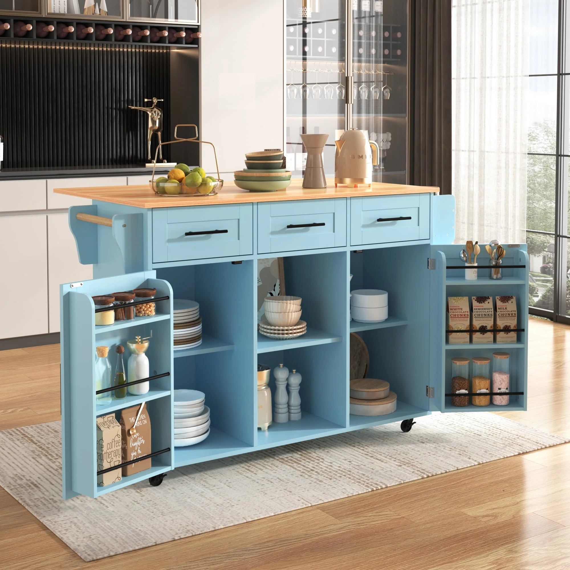 Dining Trolley Sideboard with Fold-Down Worktop and Casters, Blue and Solid Wood Grain - Image 2