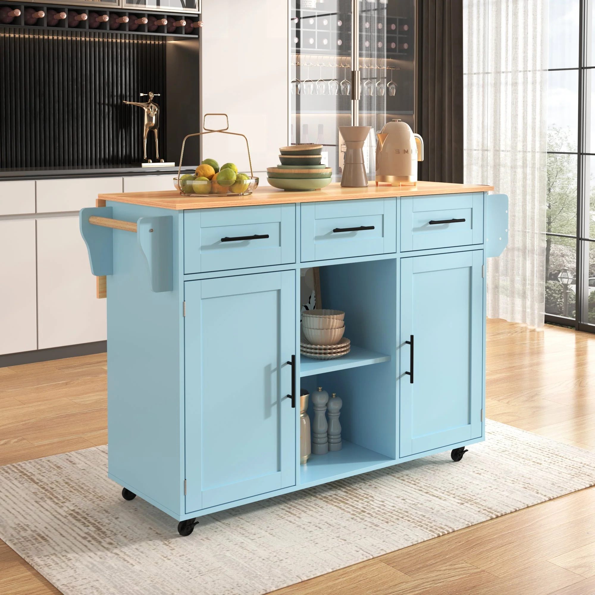 Dining Trolley Sideboard with Fold-Down Worktop and Casters, Blue and Solid Wood Grain - Image 3