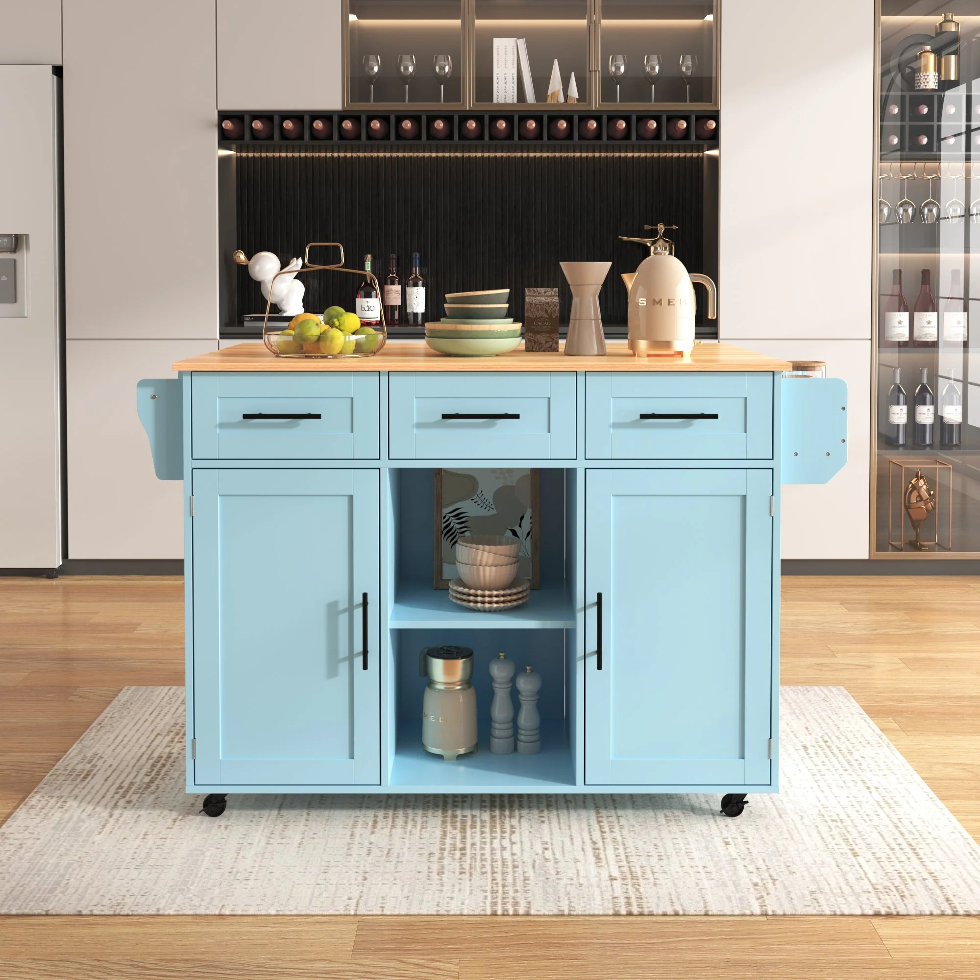 Dining Trolley Sideboard with Fold-Down Worktop and Casters, Blue and Solid Wood Grain - Image 4