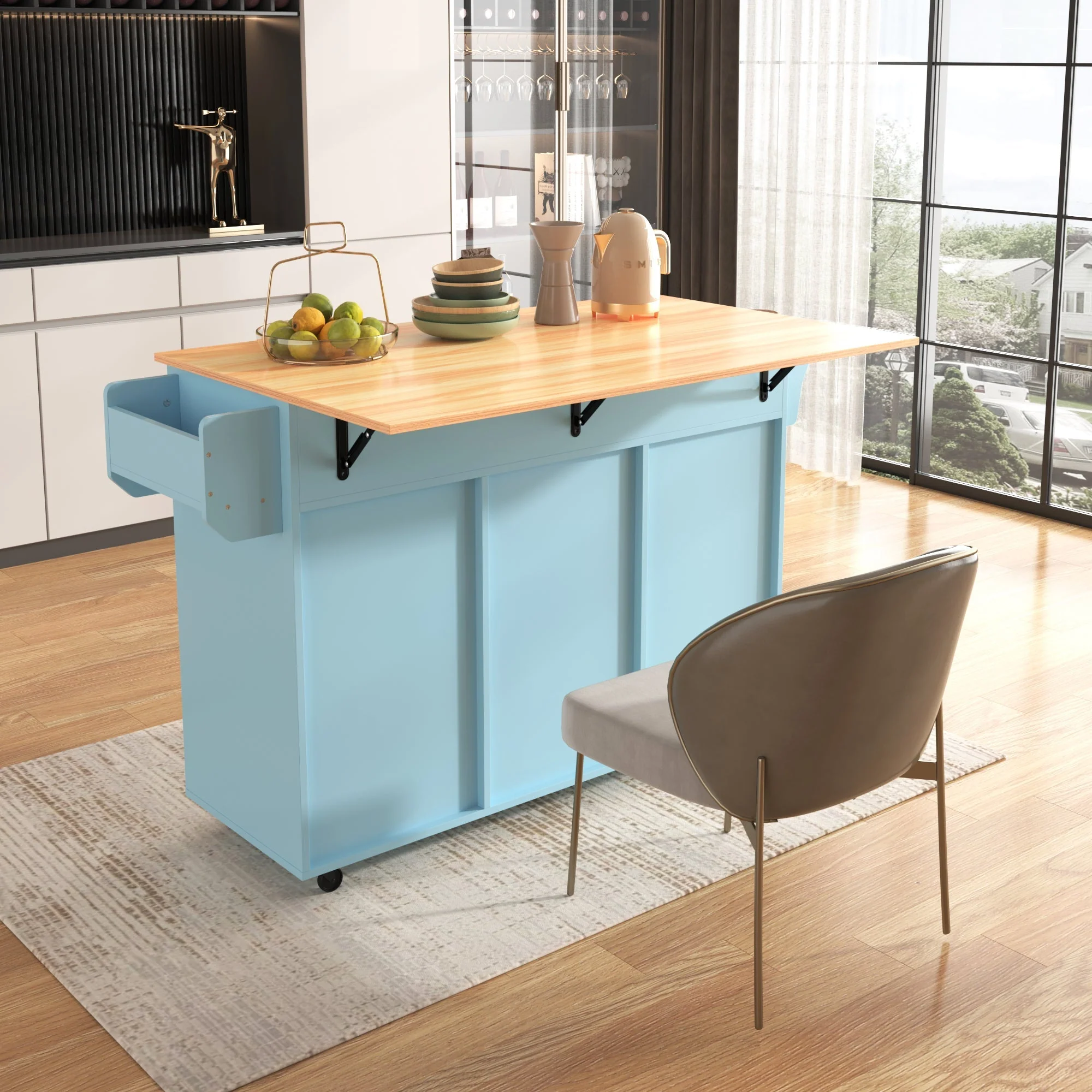 Dining Trolley Sideboard with Fold-Down Worktop and Casters, Blue and Solid Wood Grain - Image 5