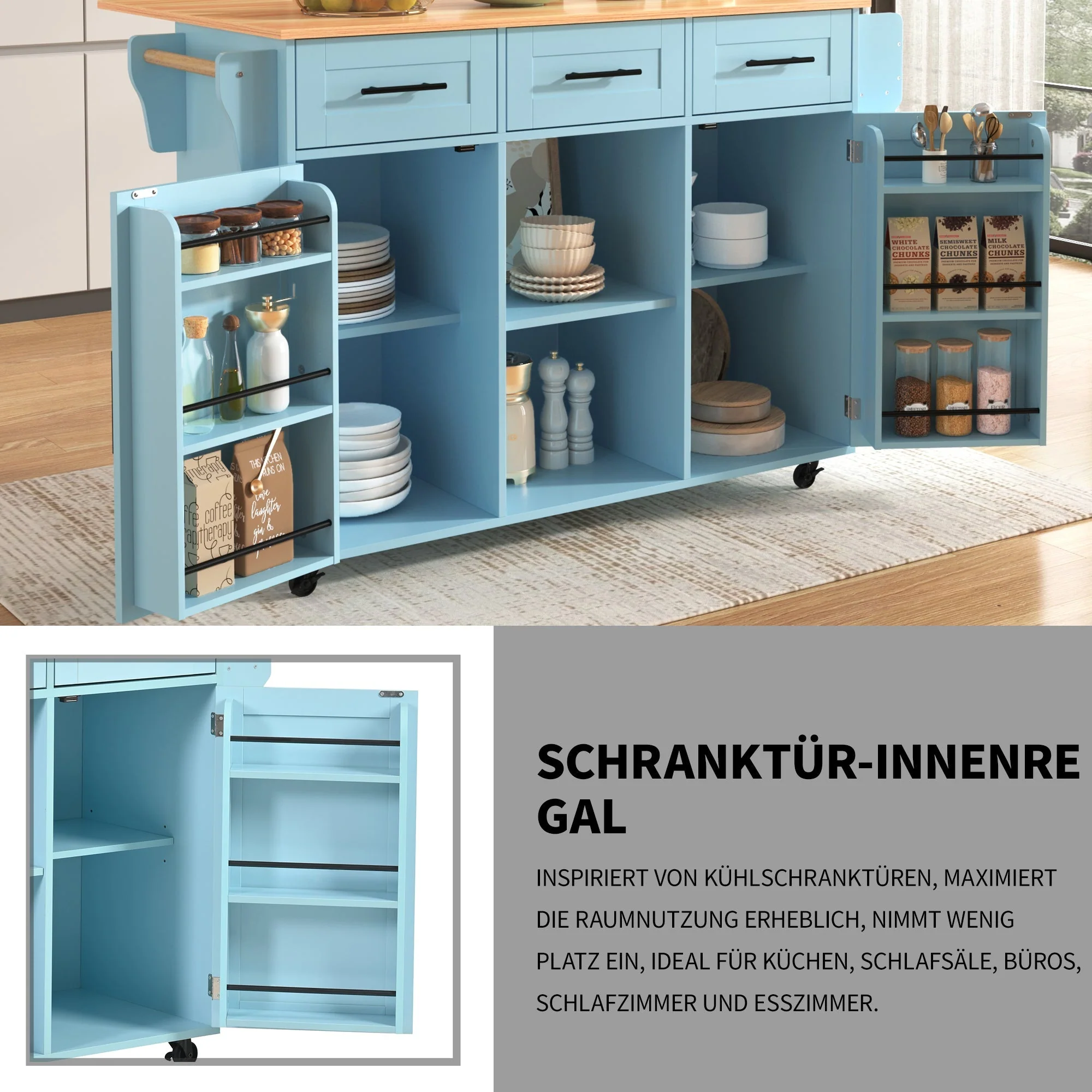 Dining Trolley Sideboard with Fold-Down Worktop and Casters, Blue and Solid Wood Grain - Image 7