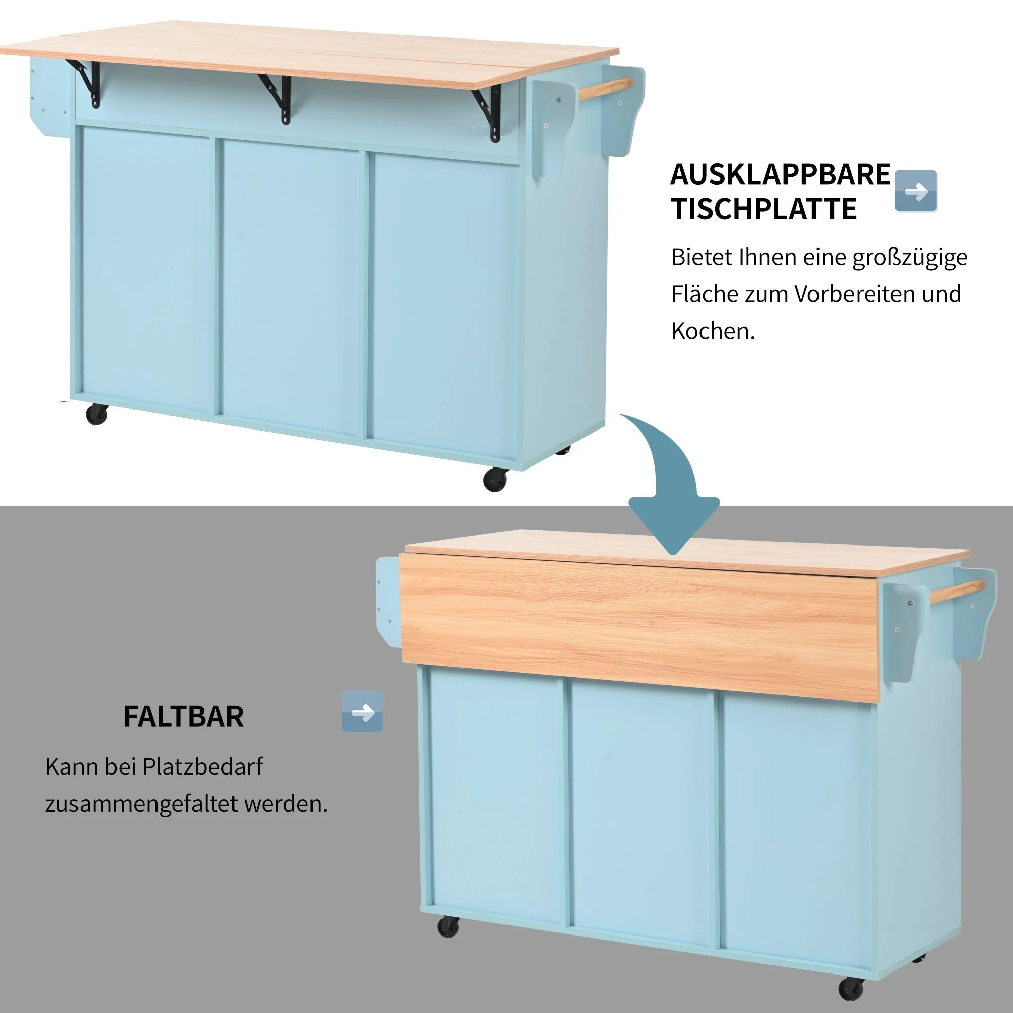 Dining Trolley Sideboard with Fold-Down Worktop and Casters, Blue and Solid Wood Grain - Image 8