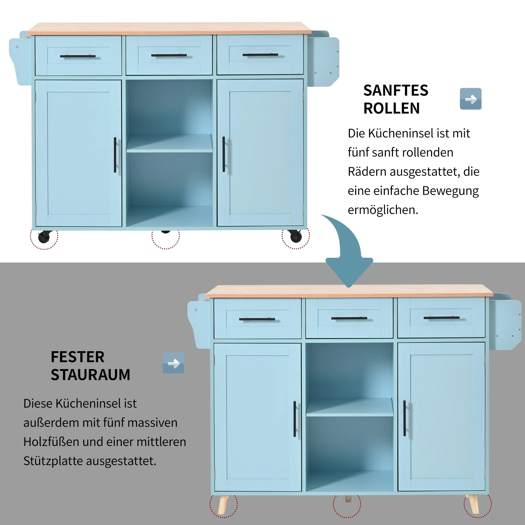 Dining Trolley Sideboard with Fold-Down Worktop and Casters, Blue and Solid Wood Grain - Image 9