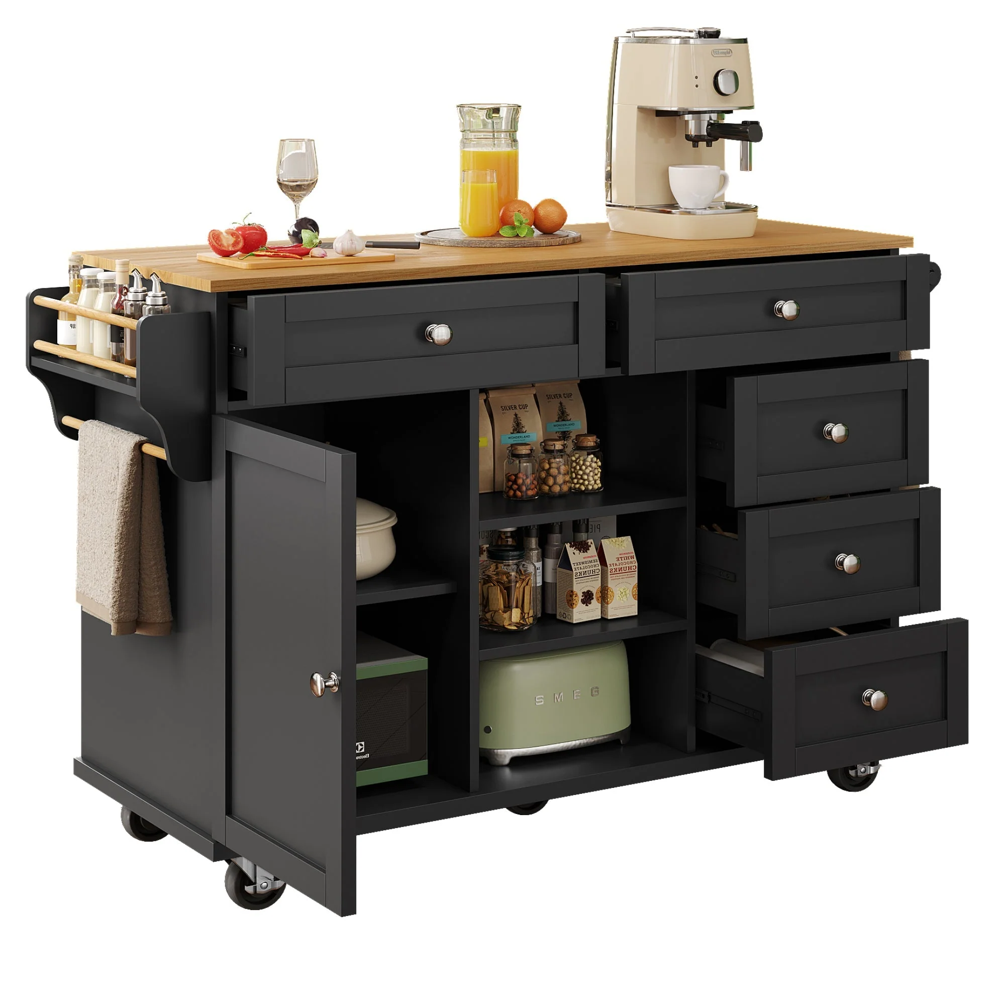 Dining Trolley with Drawer and Storage Cabinet, Mobile and Fixed Dual-Use Design, MDF Wood Grain - Image 5