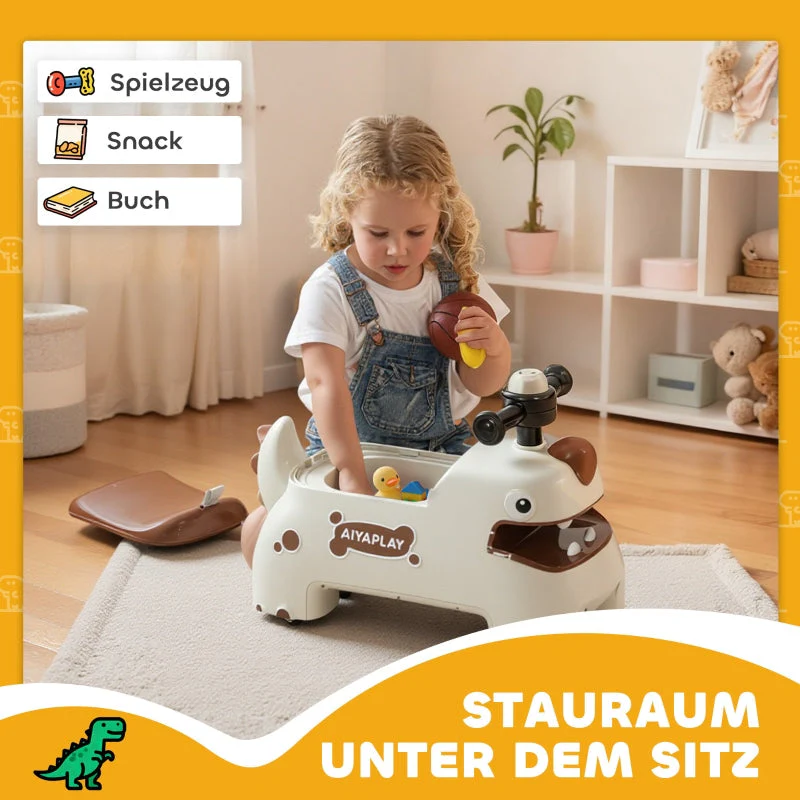 Dinosaur Push Car with Steering Wheel, Lights and Sounds, Cream White and Brown - Image 6