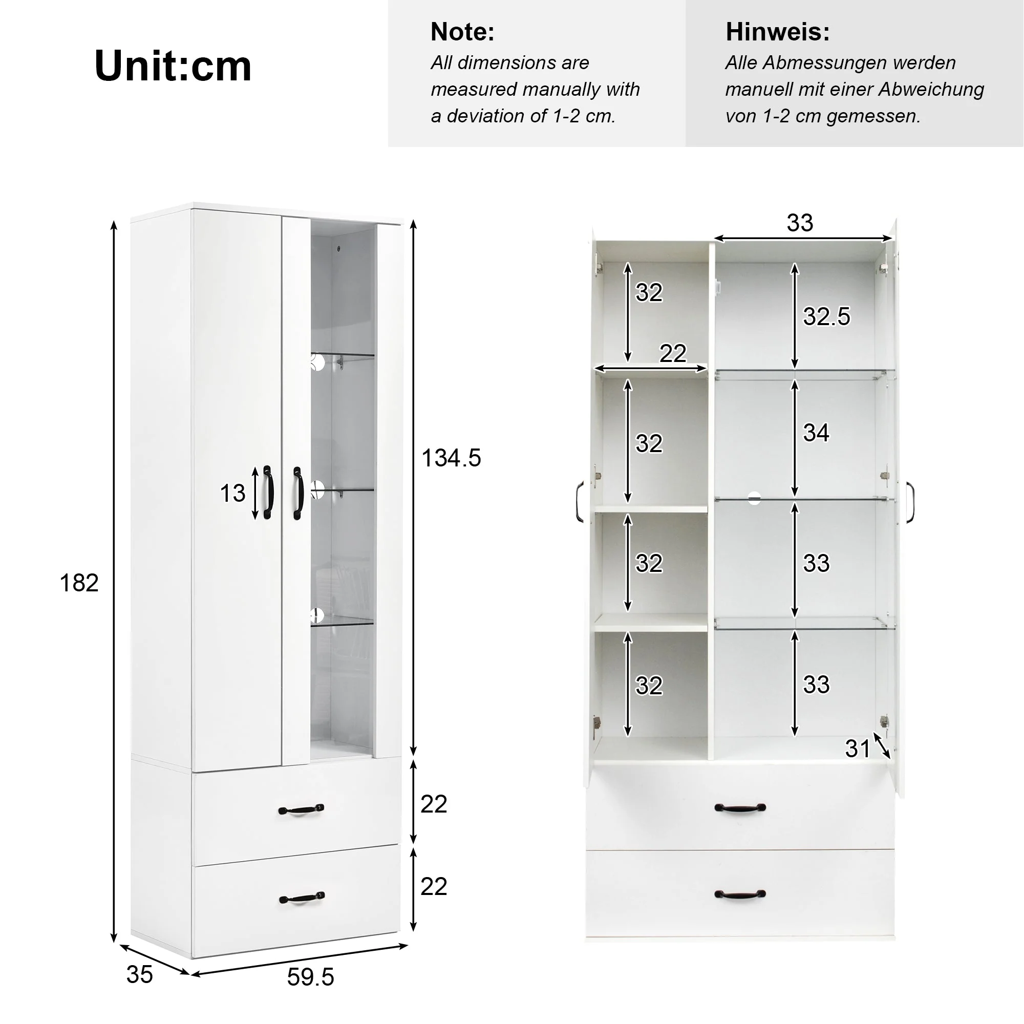 Display Cabinet, 16-Color LED Illuminated with 2 Transparent Doors, Freestanding, White - Image 2