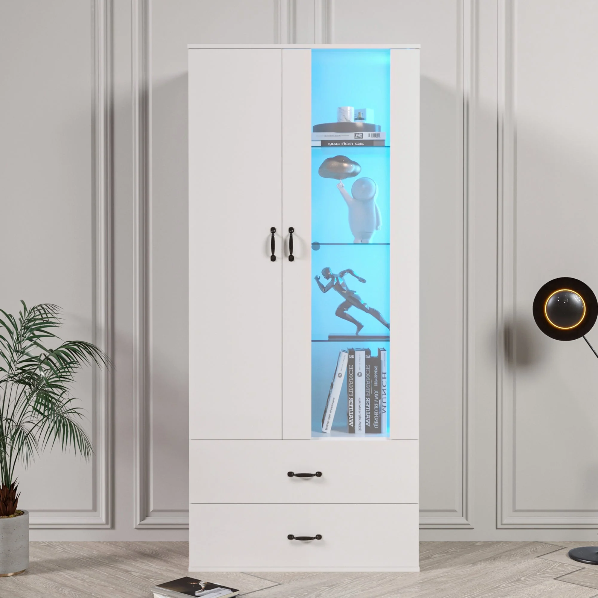 Display Cabinet, 16-Color LED Illuminated with 2 Transparent Doors, Freestanding, White - Image 3