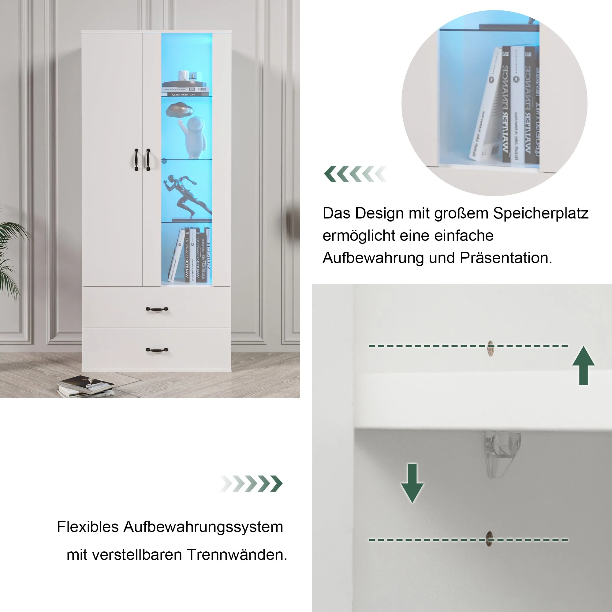 Display Cabinet, 16-Color LED Illuminated with 2 Transparent Doors, Freestanding, White - Image 4