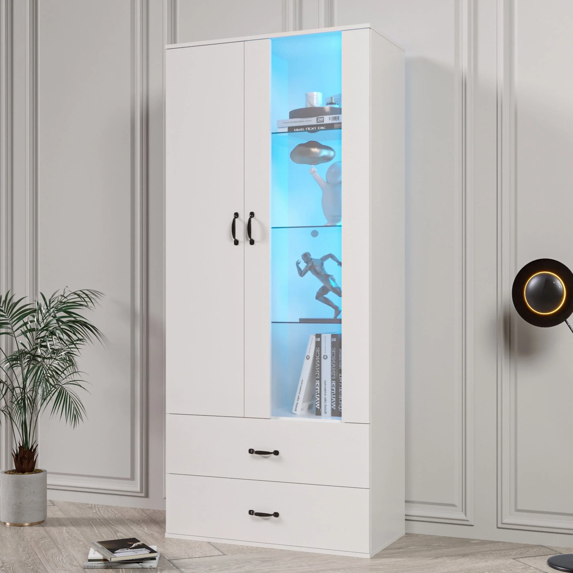 Display Cabinet, 16-Color LED Illuminated with 2 Transparent Doors, Freestanding, White - Image 8
