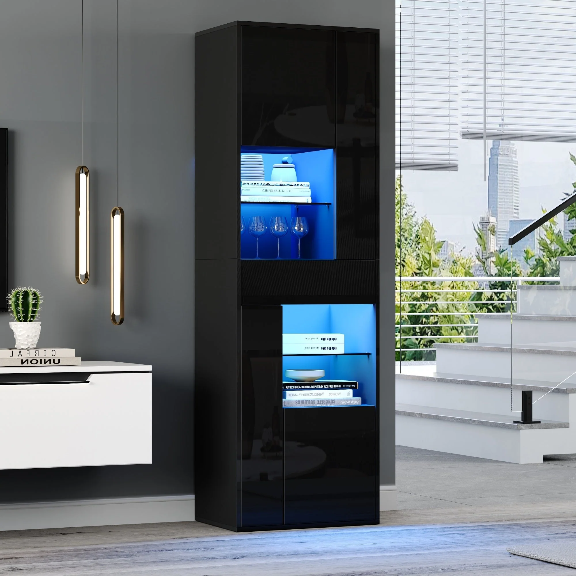 Display Cabinet 55x38x170cm Tall with LED Light, High-Gloss Black - Image 2