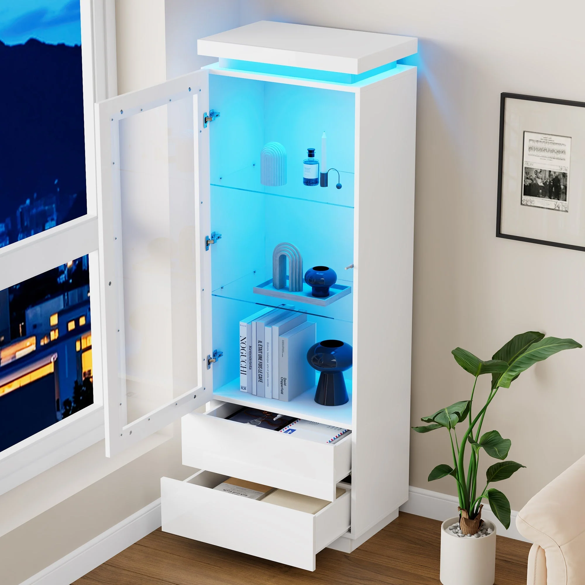 Display Cabinet 60x40x171cm Tall Glass LED 2 Drawers, High-Gloss White - Image 3