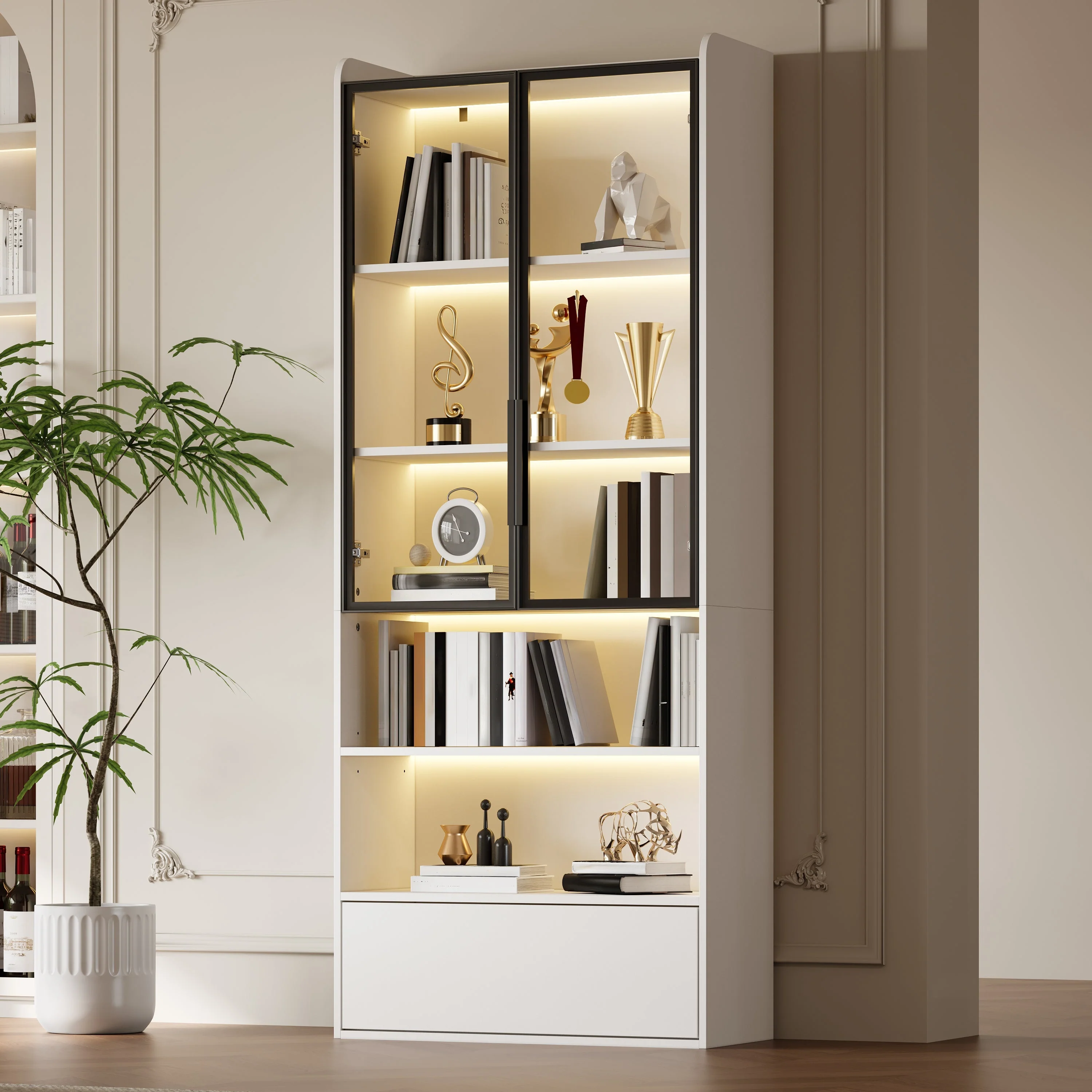 Display Cabinet 80x34x180cm Tall with 1 Drawer Glass Doors LED Lighting White