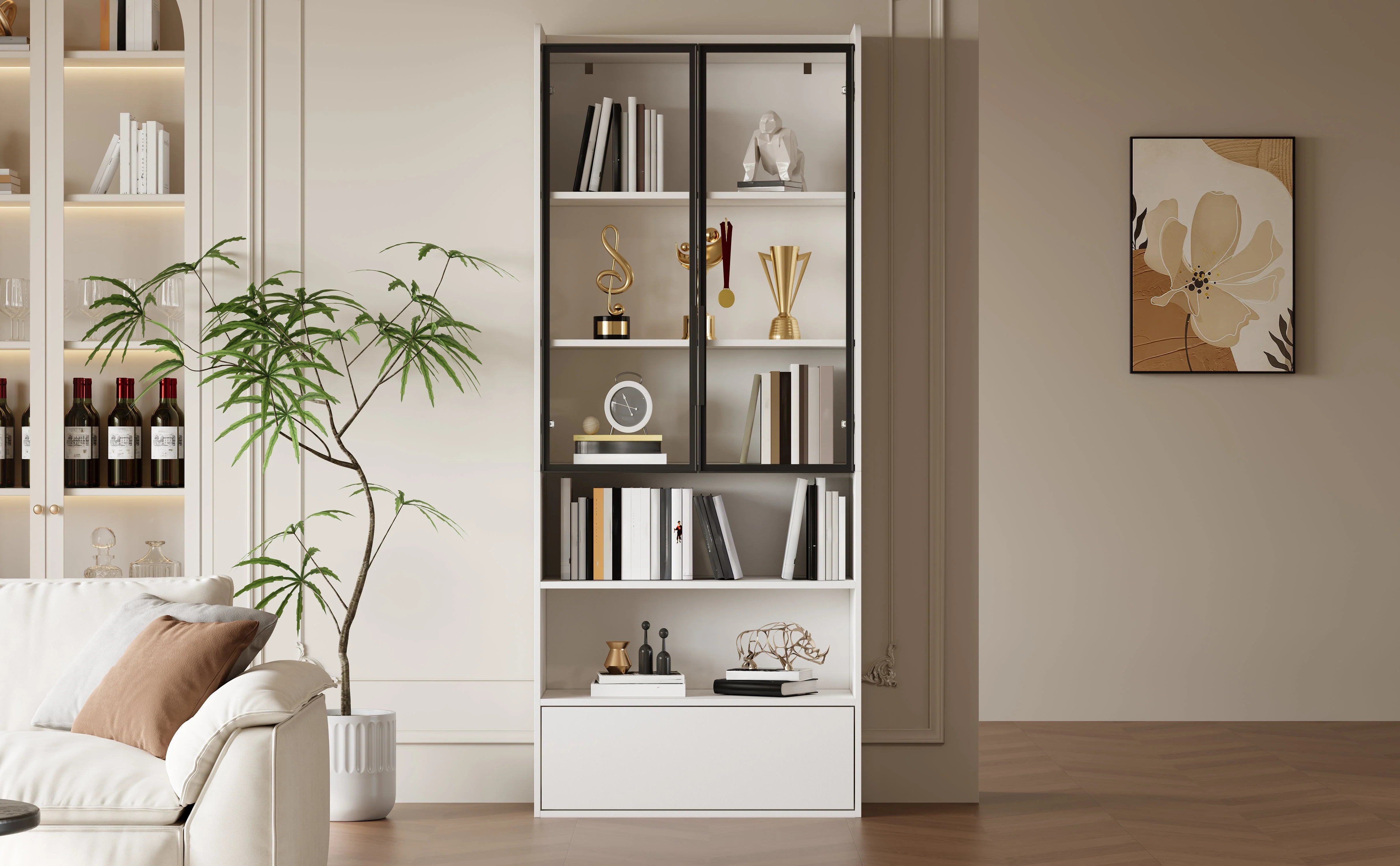 Display Cabinet 80x34x180cm Tall with 1 Drawer Glass Doors LED Lighting White - Image 8