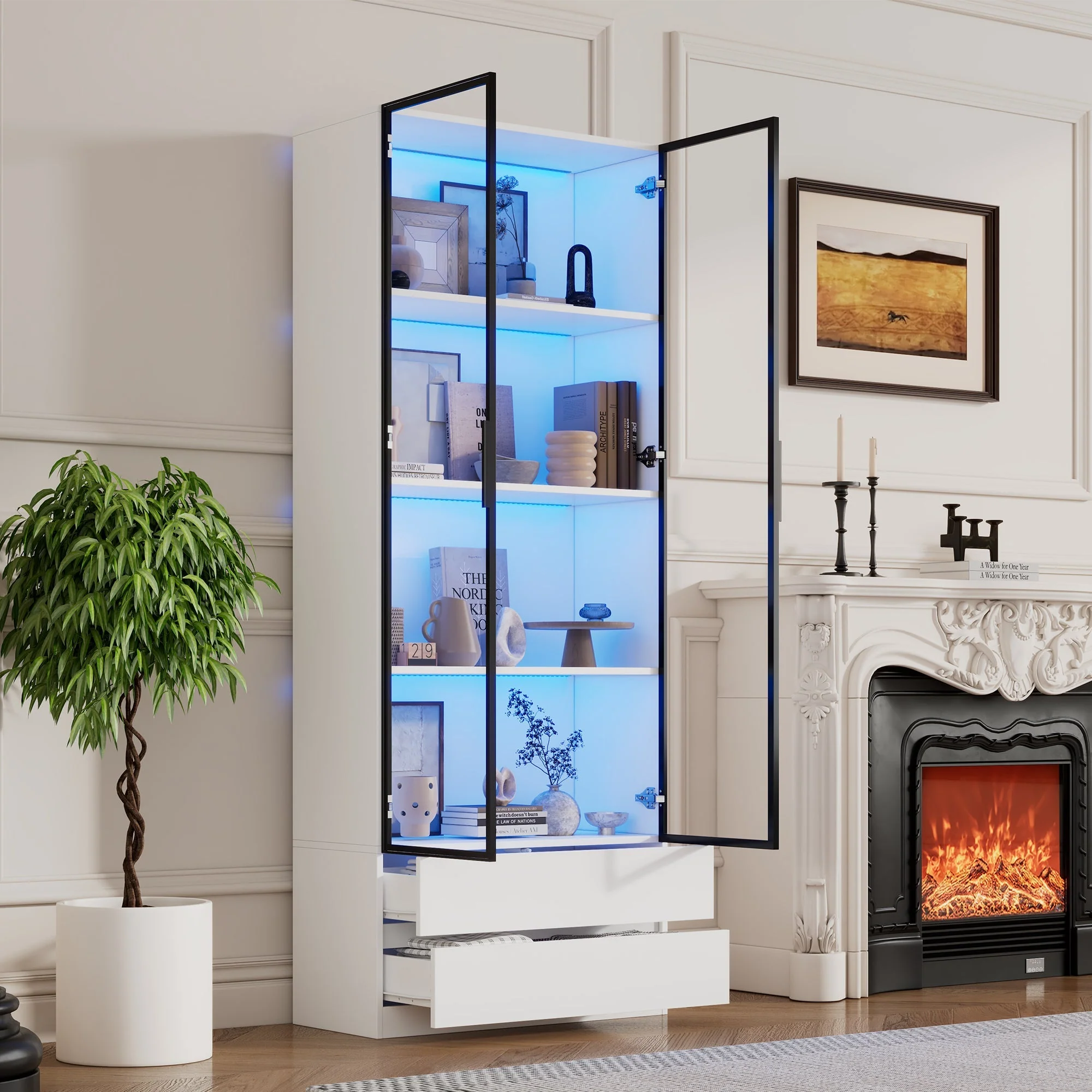 Display Cabinet 80x34x200cm Tall with LED Lights 2 Doors Aluminum Frame White - Image 3