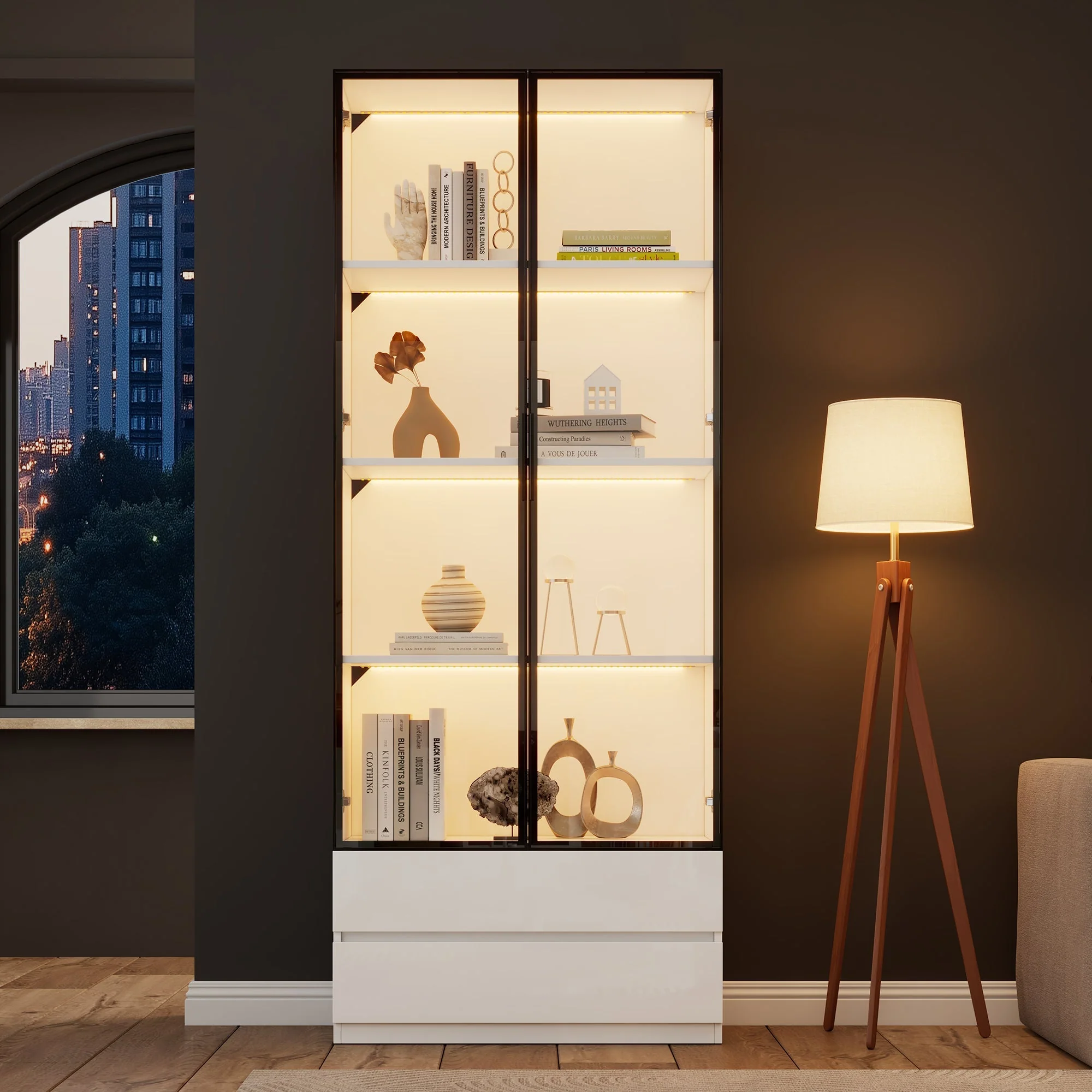 Display Cabinet 80x34x200cm Tall with LED Lights 2 Doors Aluminum Frame White - Image 4