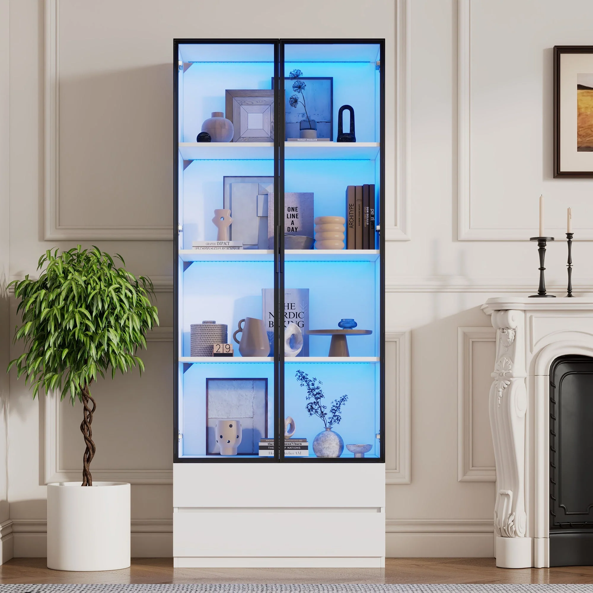 Display Cabinet 80x34x200cm Tall with LED Lights 2 Doors Aluminum Frame White - Image 5
