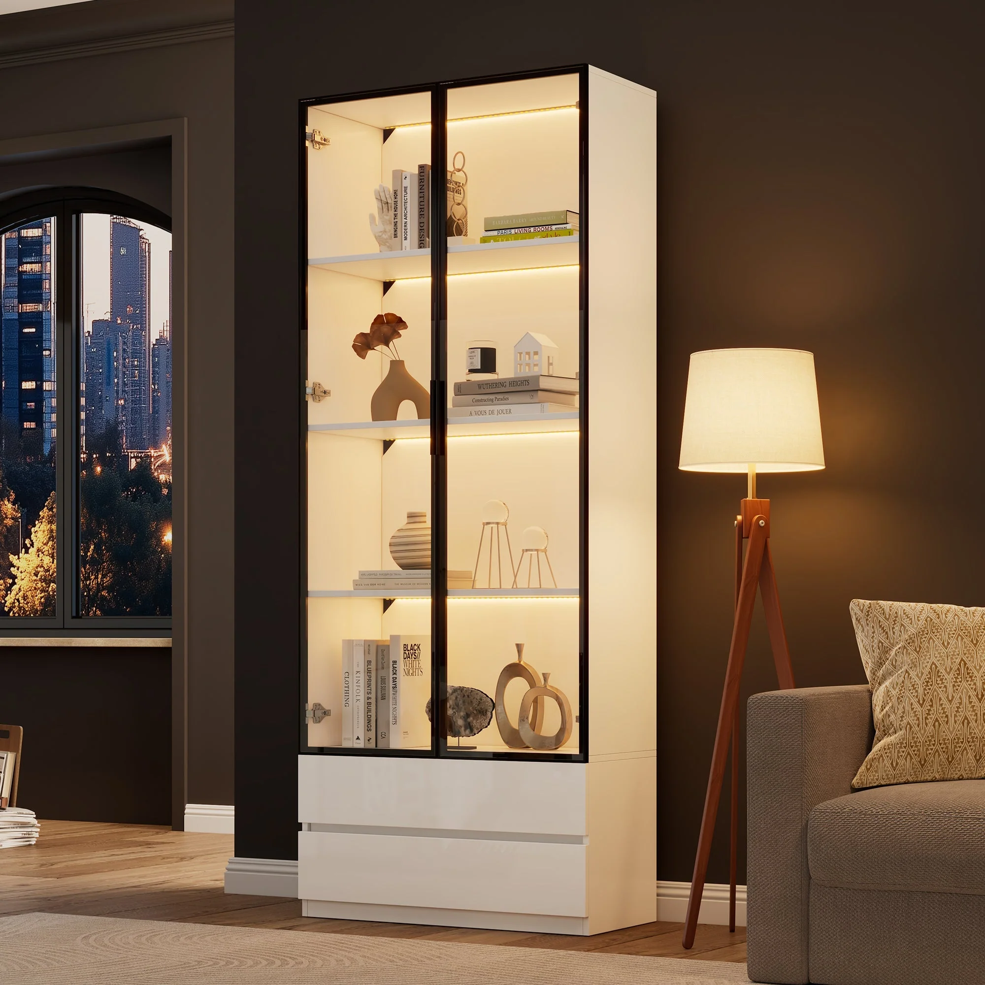 Display Cabinet 80x34x200cm Tall with LED Lights 2 Doors Aluminum Frame White - Image 6