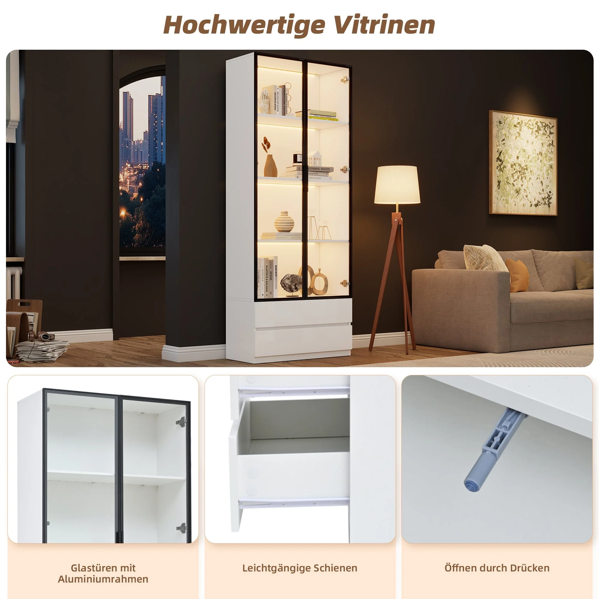 Display Cabinet 80x34x200cm Tall with LED Lights 2 Doors Aluminum Frame White - Image 8