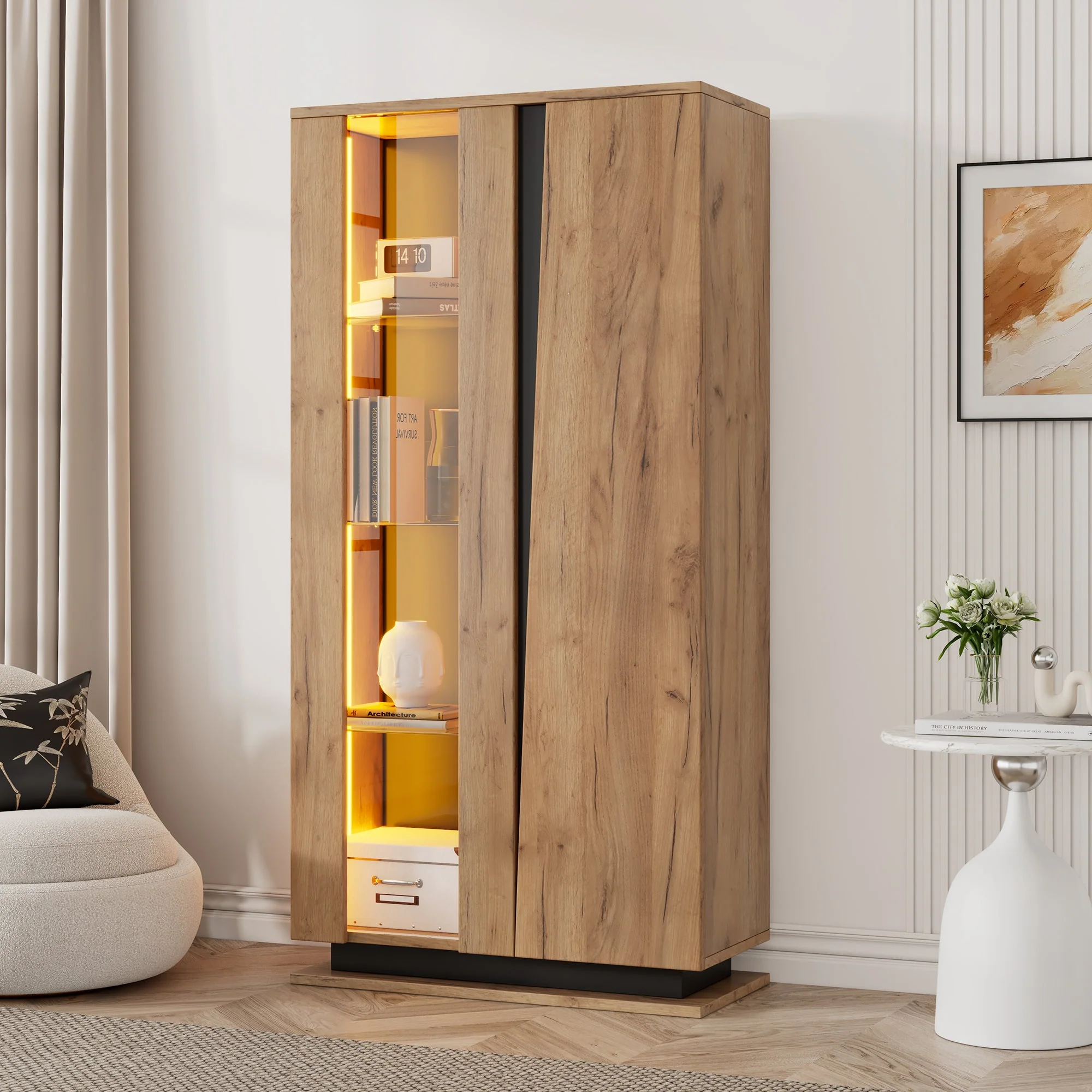 Display Cabinet 80x35x160cm 8 Shelves Glass Dividers Narrow Freestanding Acrylic Wood Color