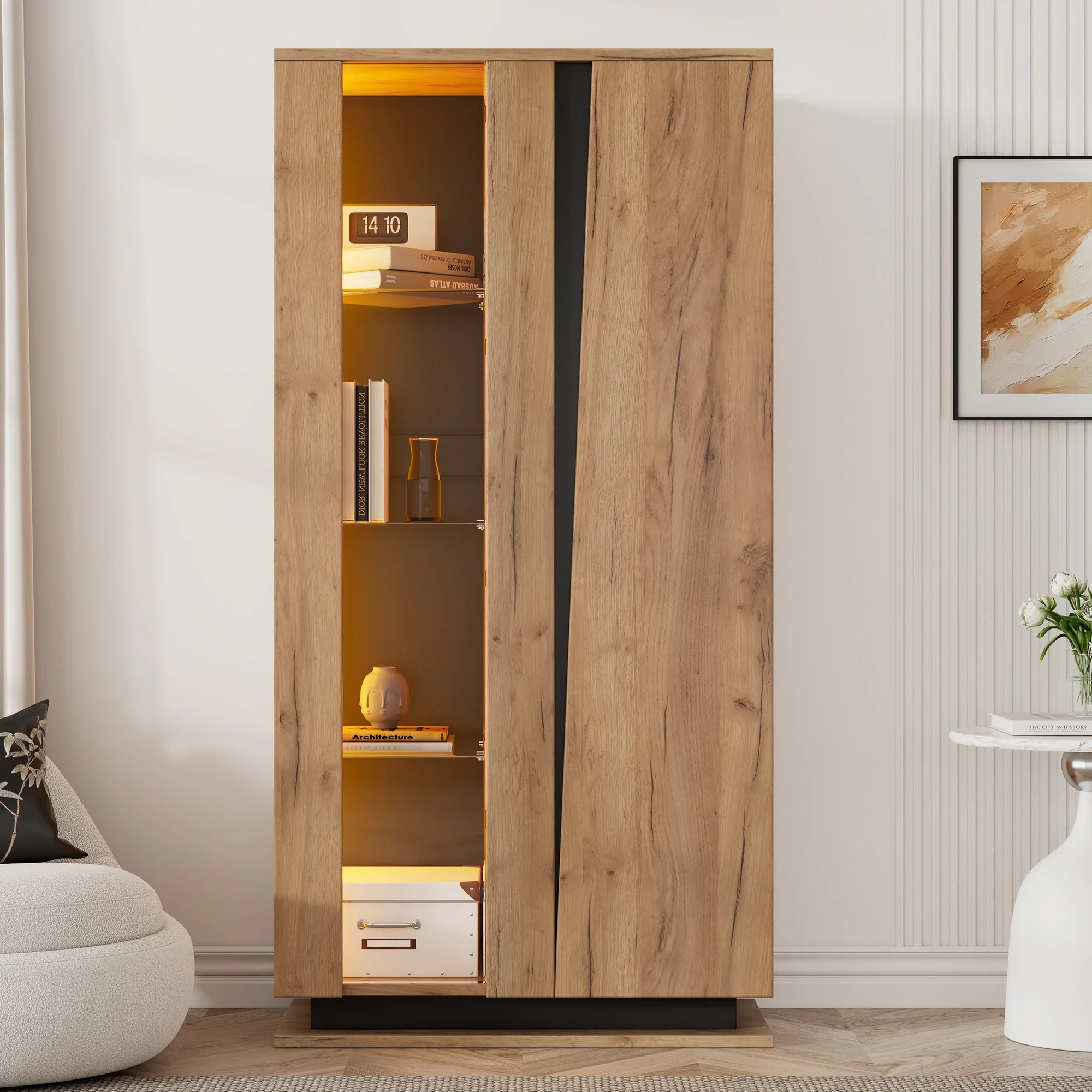 Display Cabinet 80x35x160cm 8 Shelves Glass Dividers Narrow Freestanding Acrylic Wood Color - Image 2