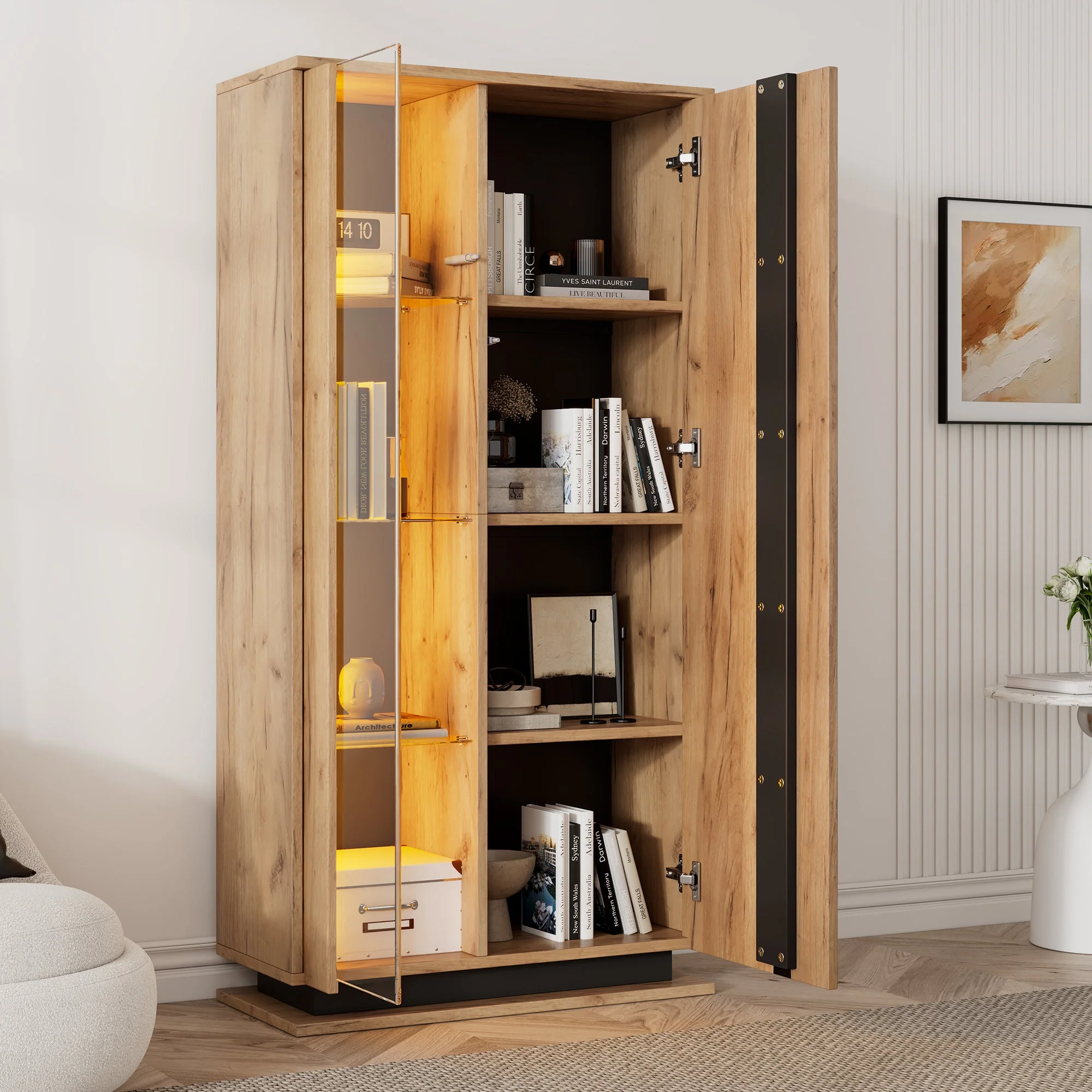 Display Cabinet 80x35x160cm 8 Shelves Glass Dividers Narrow Freestanding Acrylic Wood Color - Image 3
